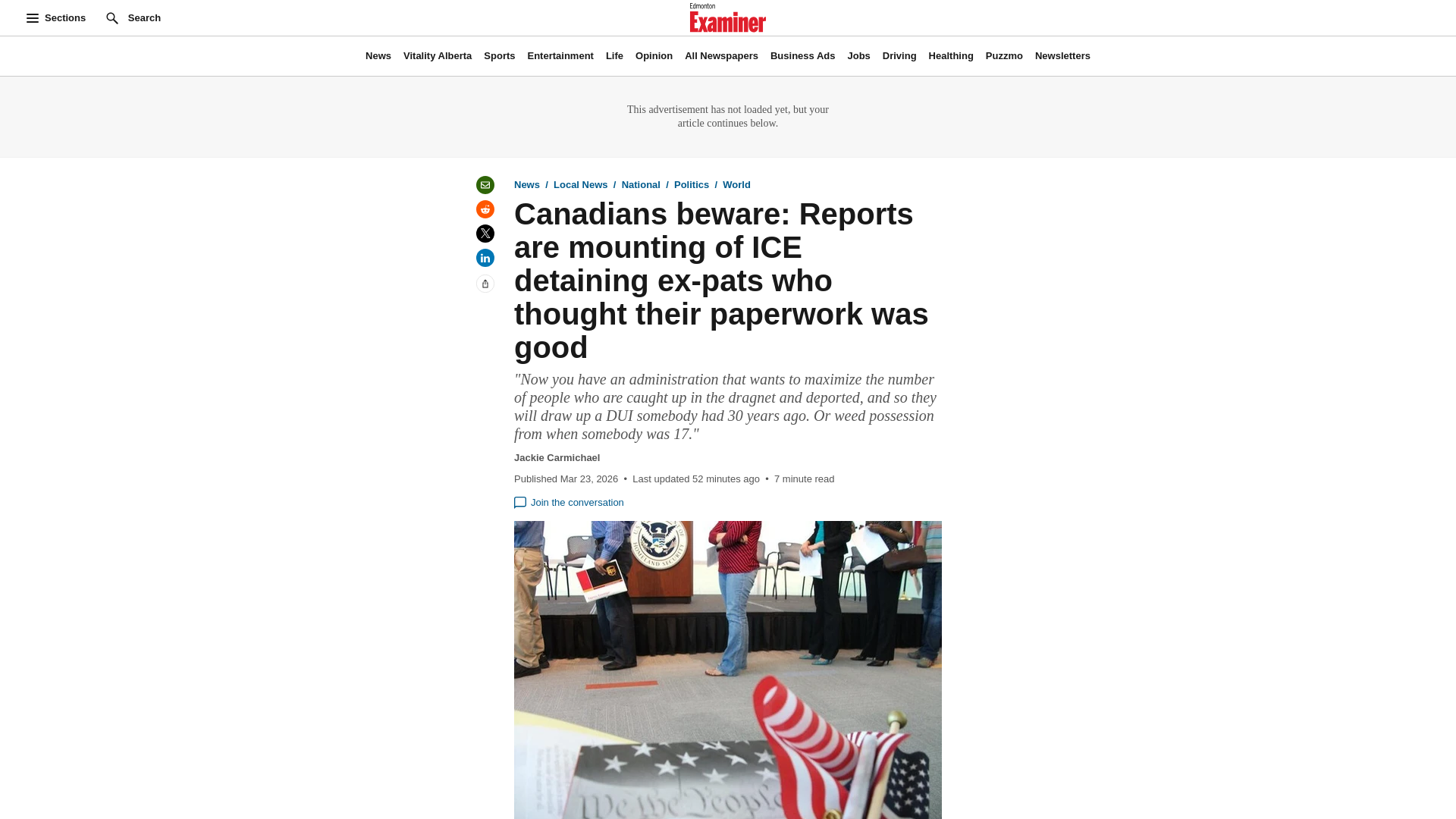 website screenshot of https://www.edmontonexaminer.com/news/canadians-united-states-ice-ex-pats-immigration