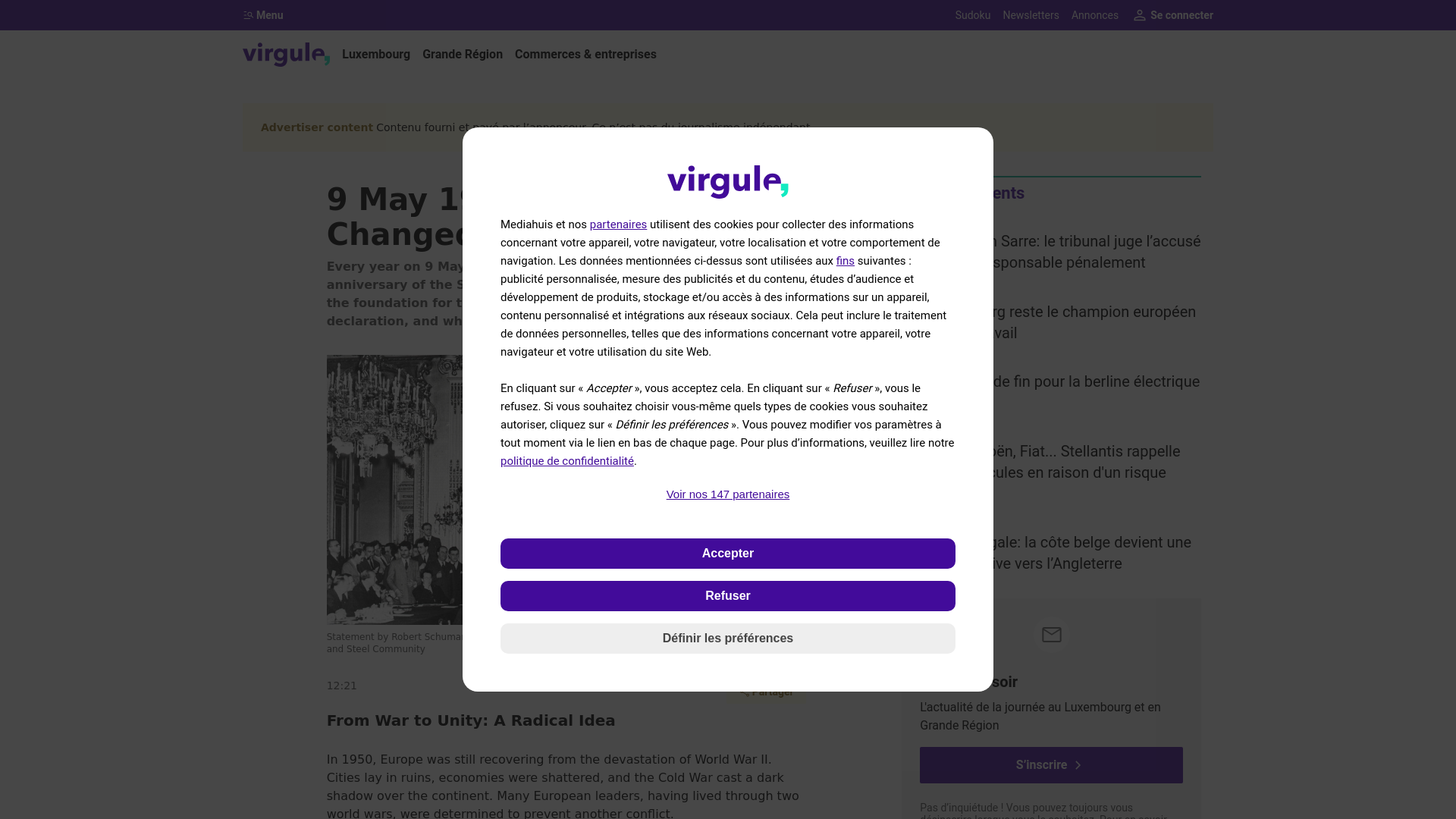 website screenshot of https://www.virgule.lu/test/9-may-1950-the-day-that-changed-europe-forever/144970727.html