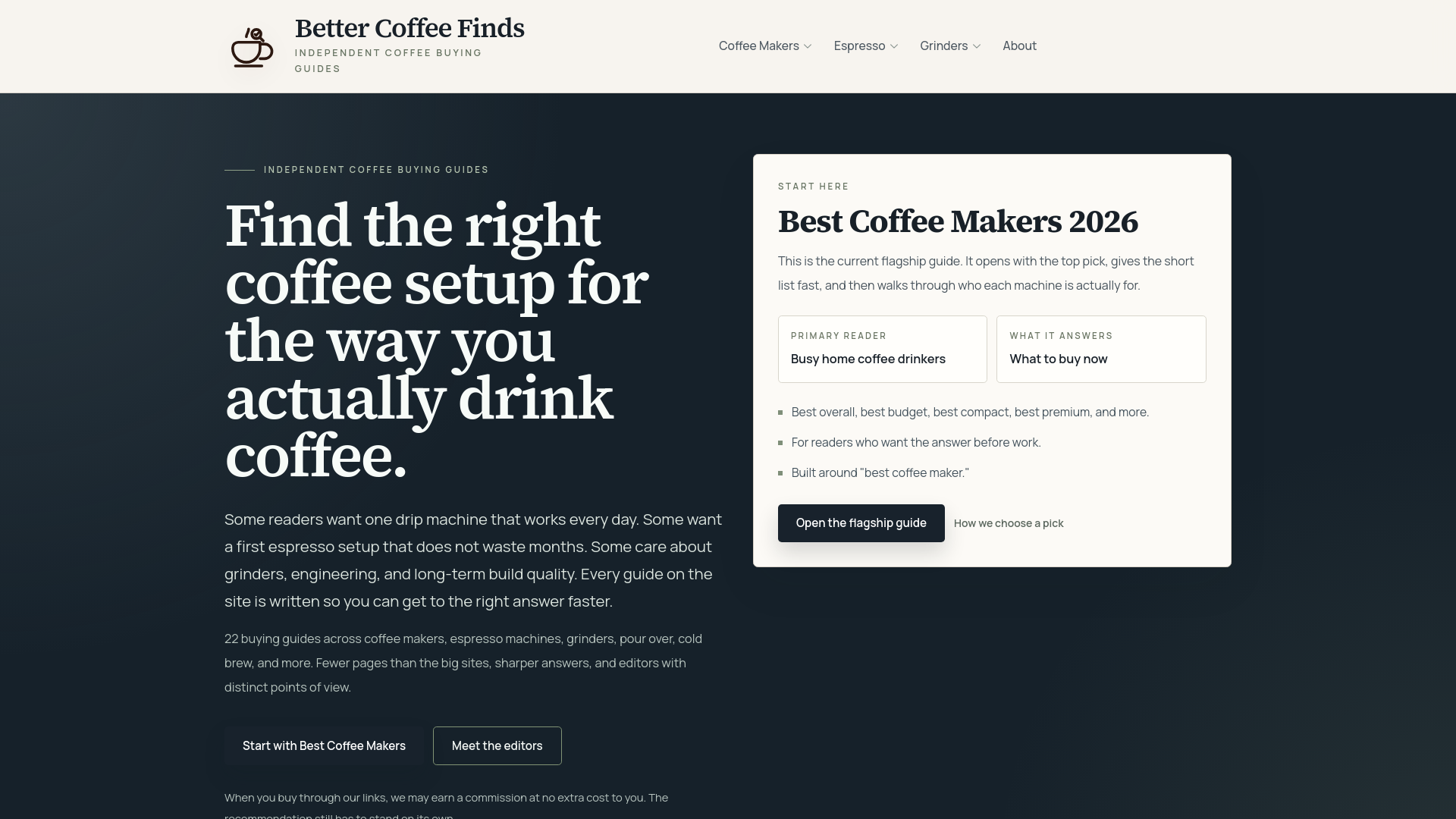 website screenshot of https://bettercoffeefinds.com/