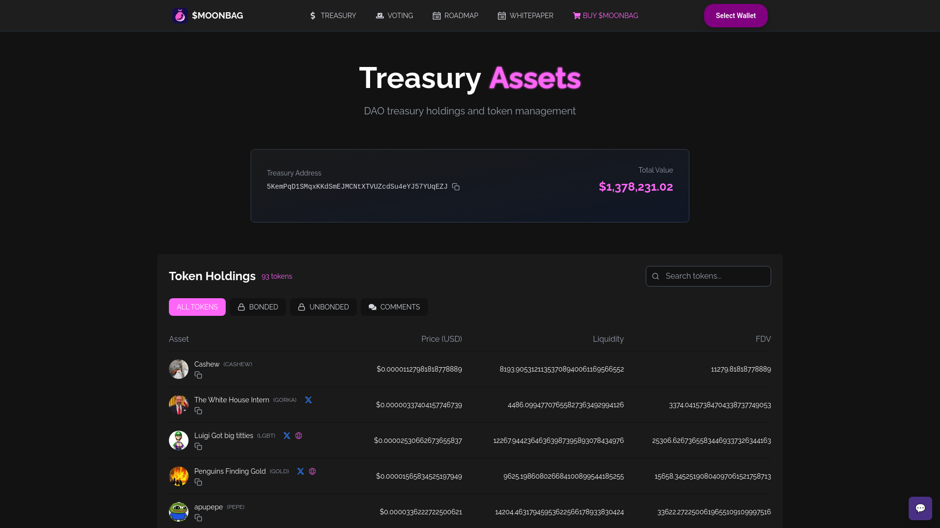 website screenshot of https://moon-bag.fun