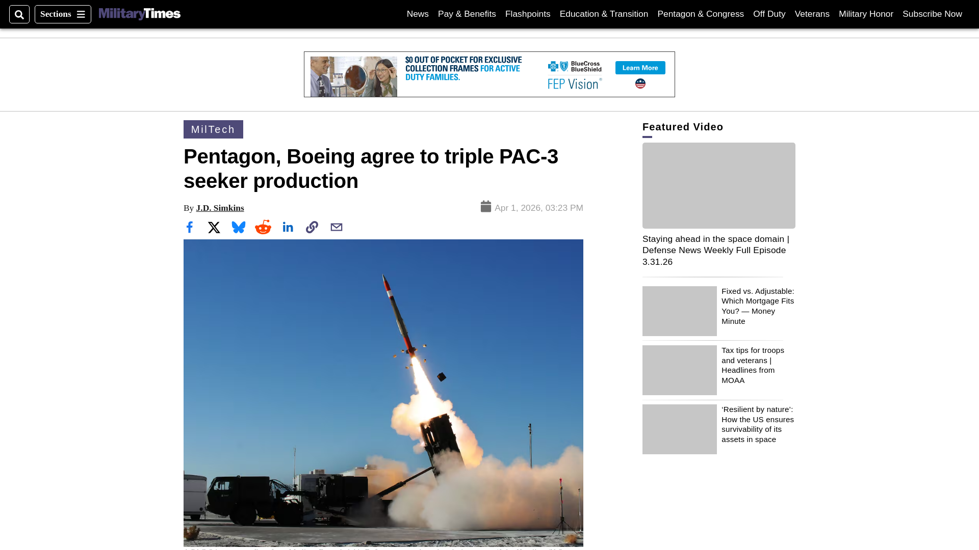 website screenshot of https://www.militarytimes.com/industry/techwatch/2026/04/01/pentagon-boeing-agree-to-triple-pac-3-seeker-production/