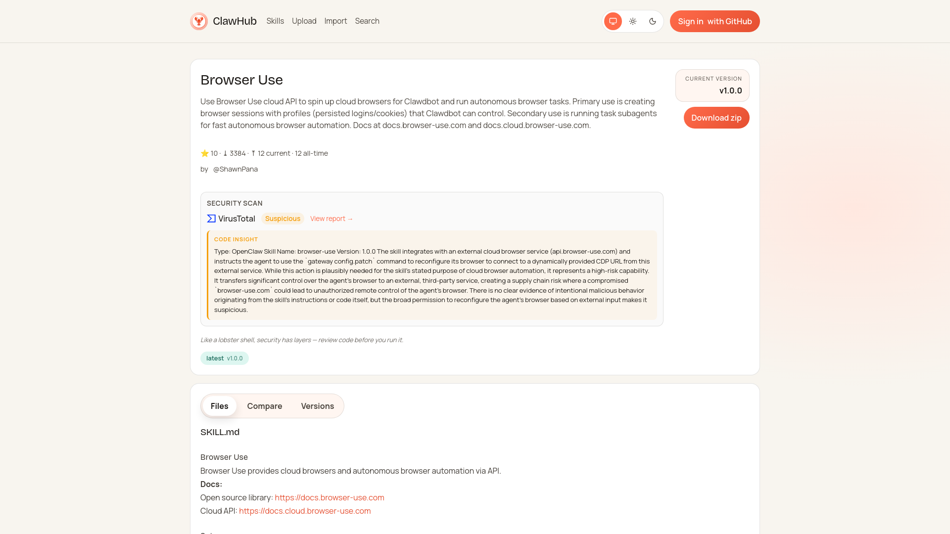 website screenshot of https://clawhub.ai/ShawnPana/browser-use