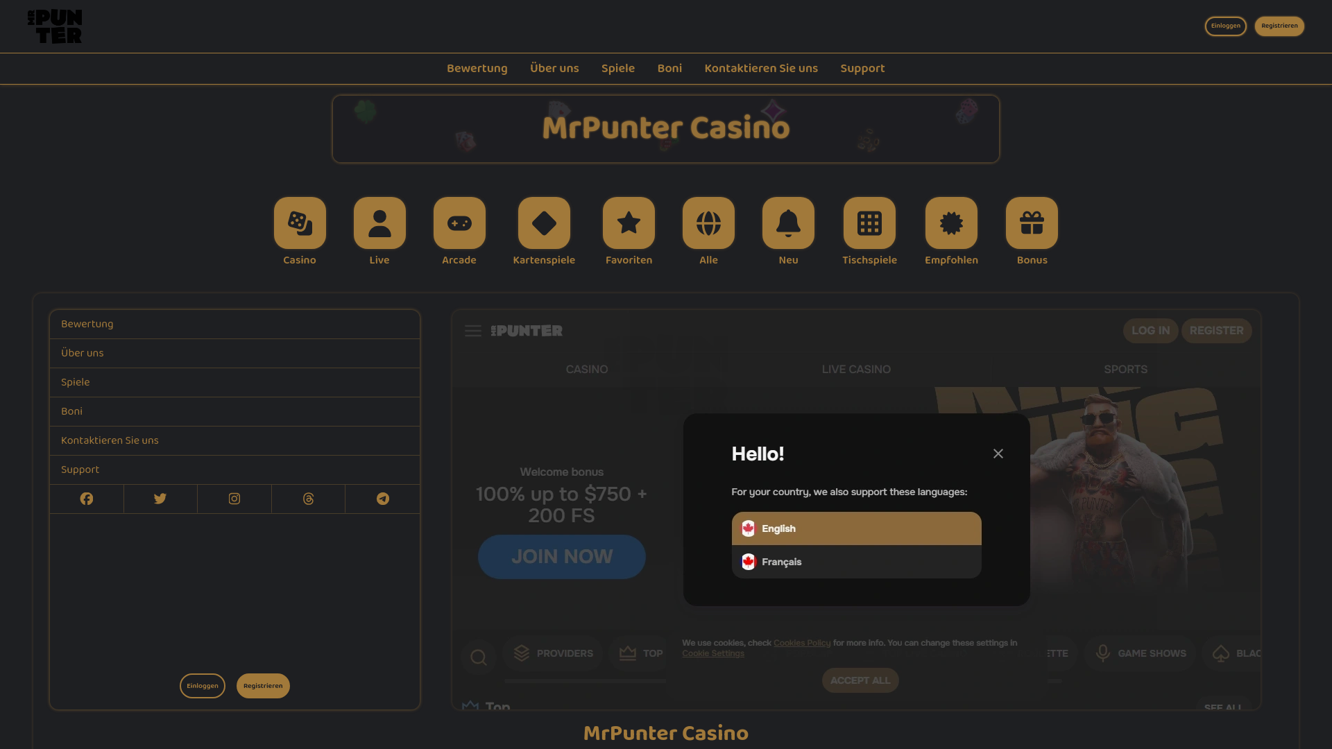 website screenshot of https://casinomrpunter.de/