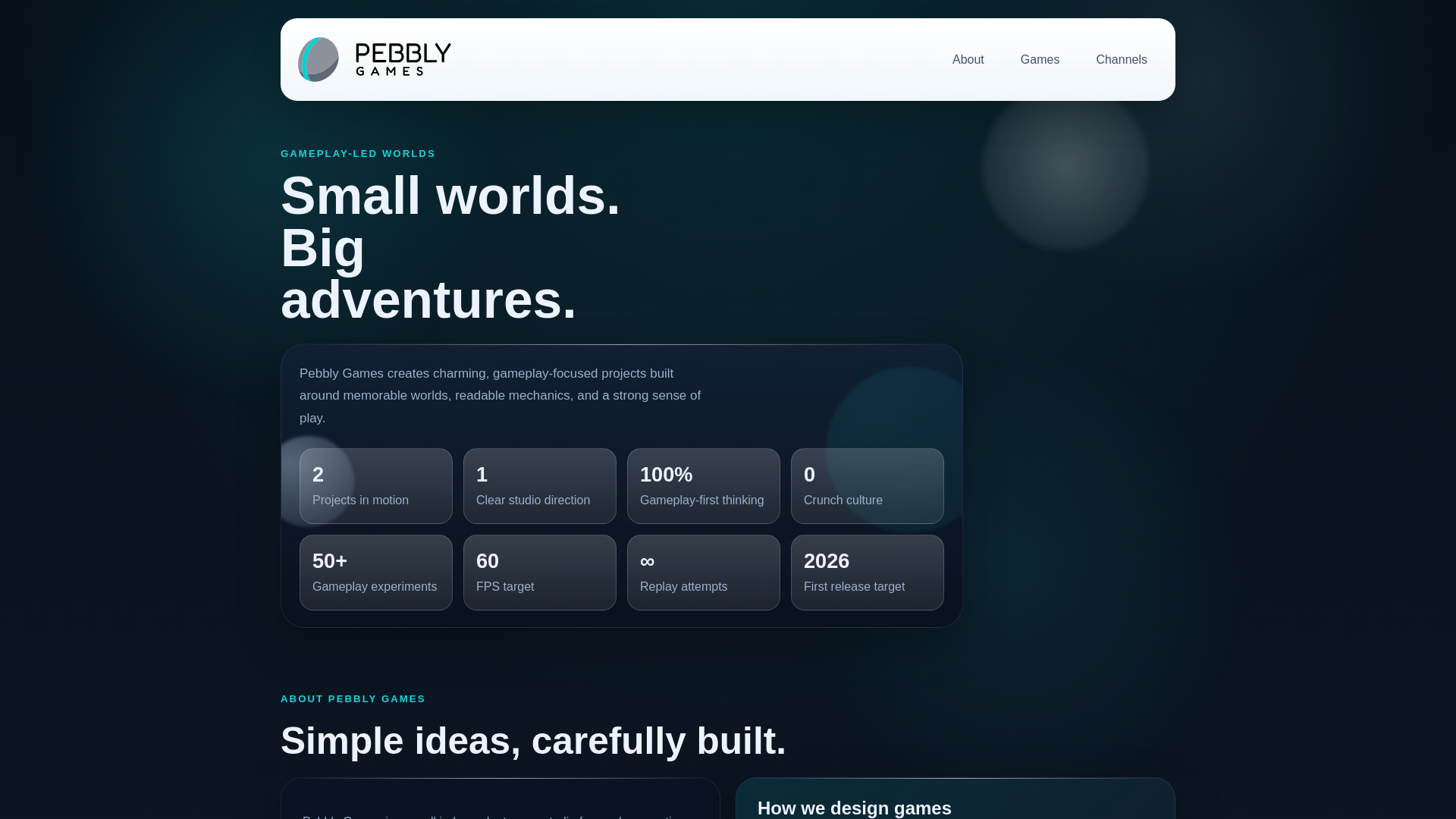 website screenshot of https://pebblygames.com