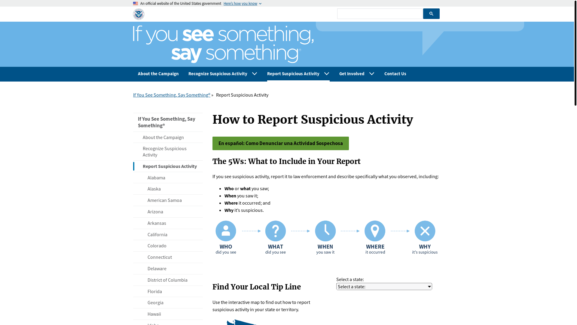 website screenshot of https://www.dhs.gov/see-something-say-something/how-to-report-suspicious-activity?utm_source=google.com&utm_medium=cpc&utm_campaign=rg.search-fy24.s4-english-national&utm_content=report&utm_term=report%20a%20crime&gad_source=1&gbraid=0AAAAABm0MlLoYsV-R_-0SVf_pfAawf1ER&gclid=CjwKCAjw1920BhA3EiwAJT3lSQoCx_5HWo0Wtra9IB0-Ym5D4sAJj1jrhwgn84Licyh7Ek3z28dmfhoCuo0QAvD_BwE
