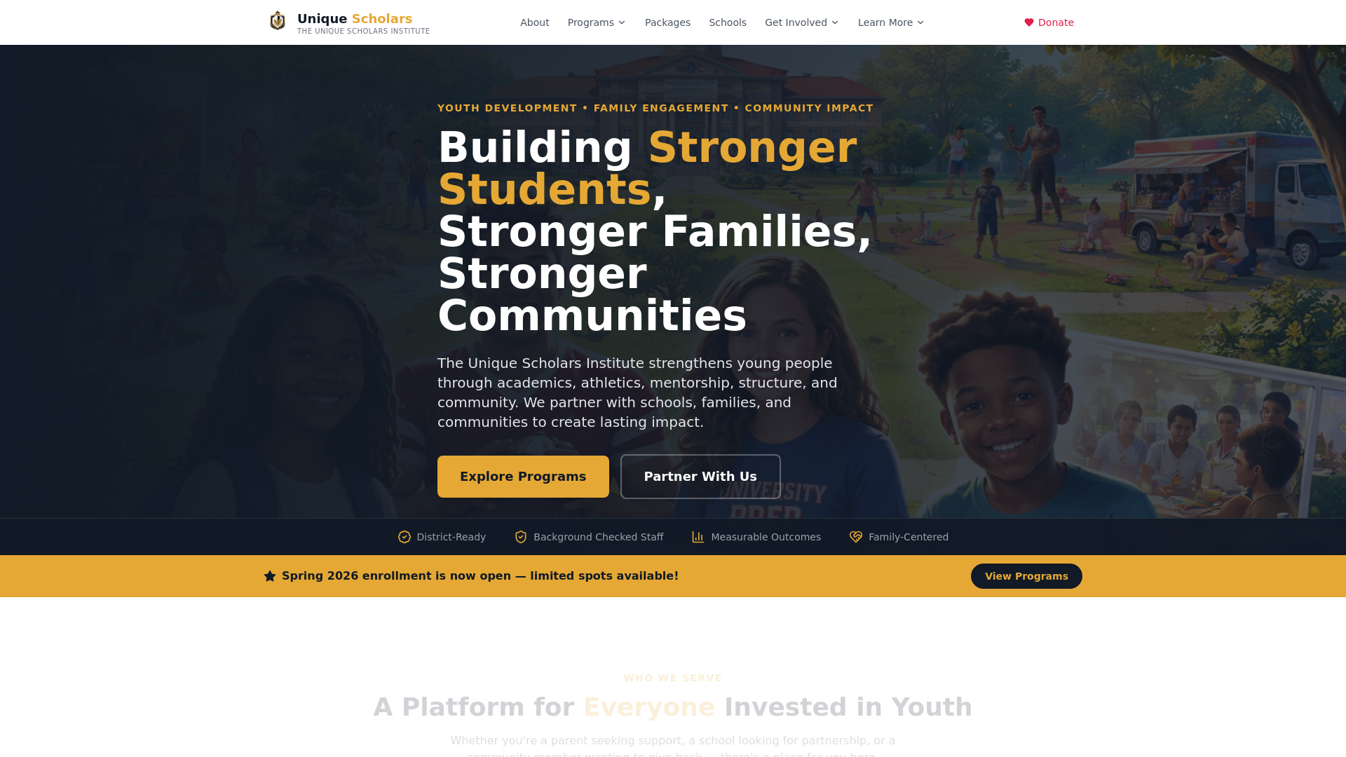 website screenshot of https://theuniquescholars.institute