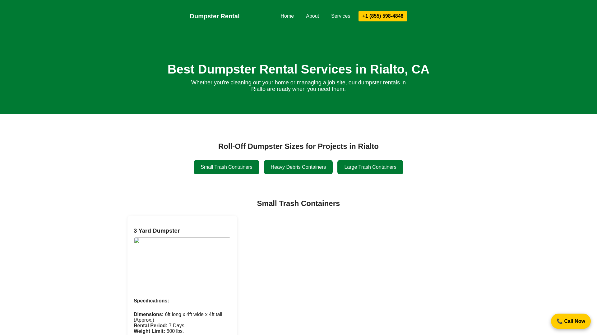 website screenshot of https://dumpsterrentalrialto.com/