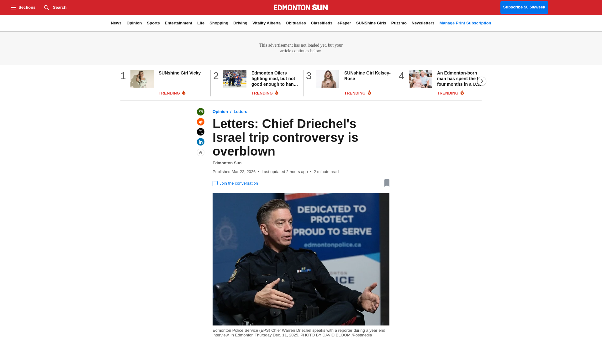 website screenshot of https://edmontonsun.com/opinion/letters-chief-driechels-israel-trip-controversy-is-overblown