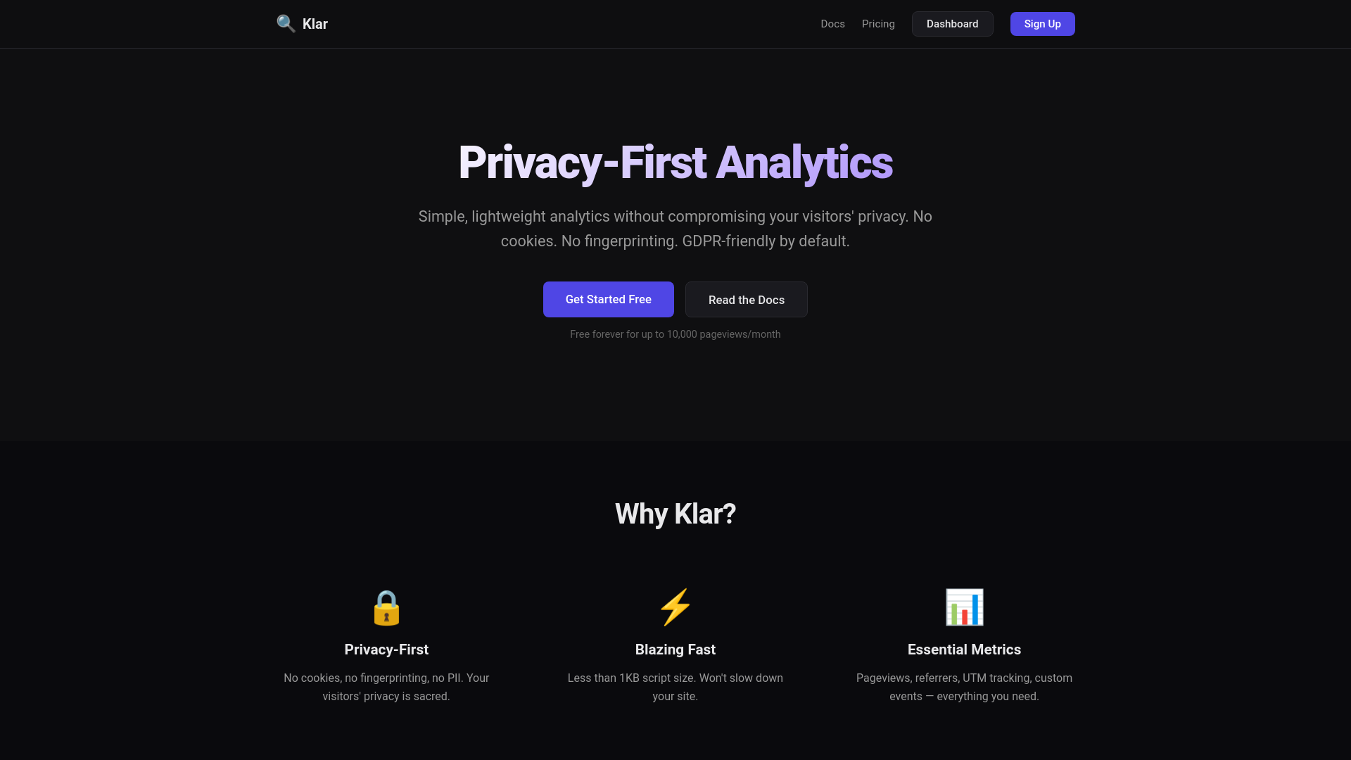 website screenshot of https://klar-privacy-analytics.pages.dev/