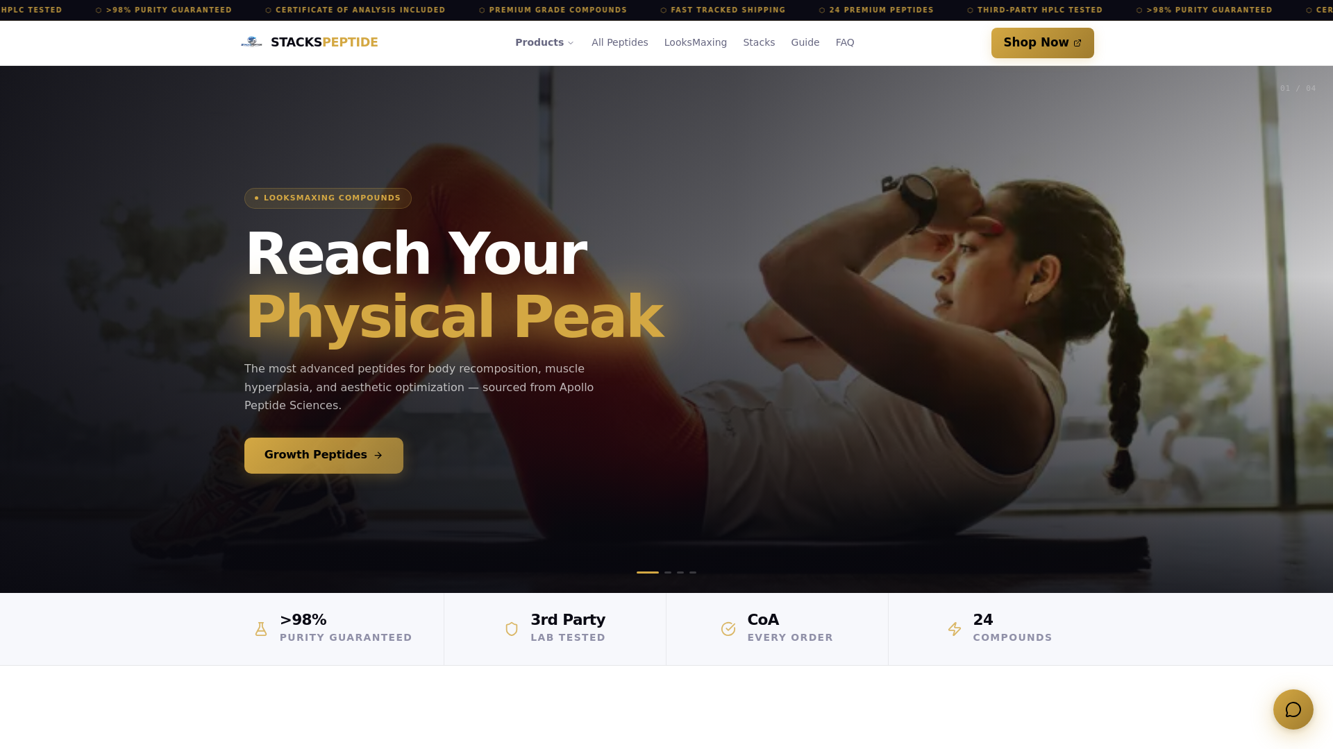 website screenshot of https://stackspeptide.com/