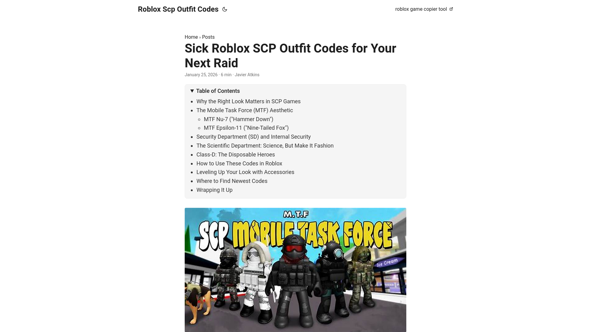 website screenshot of https://roblox-scp-outfit-codes.pages.dev/