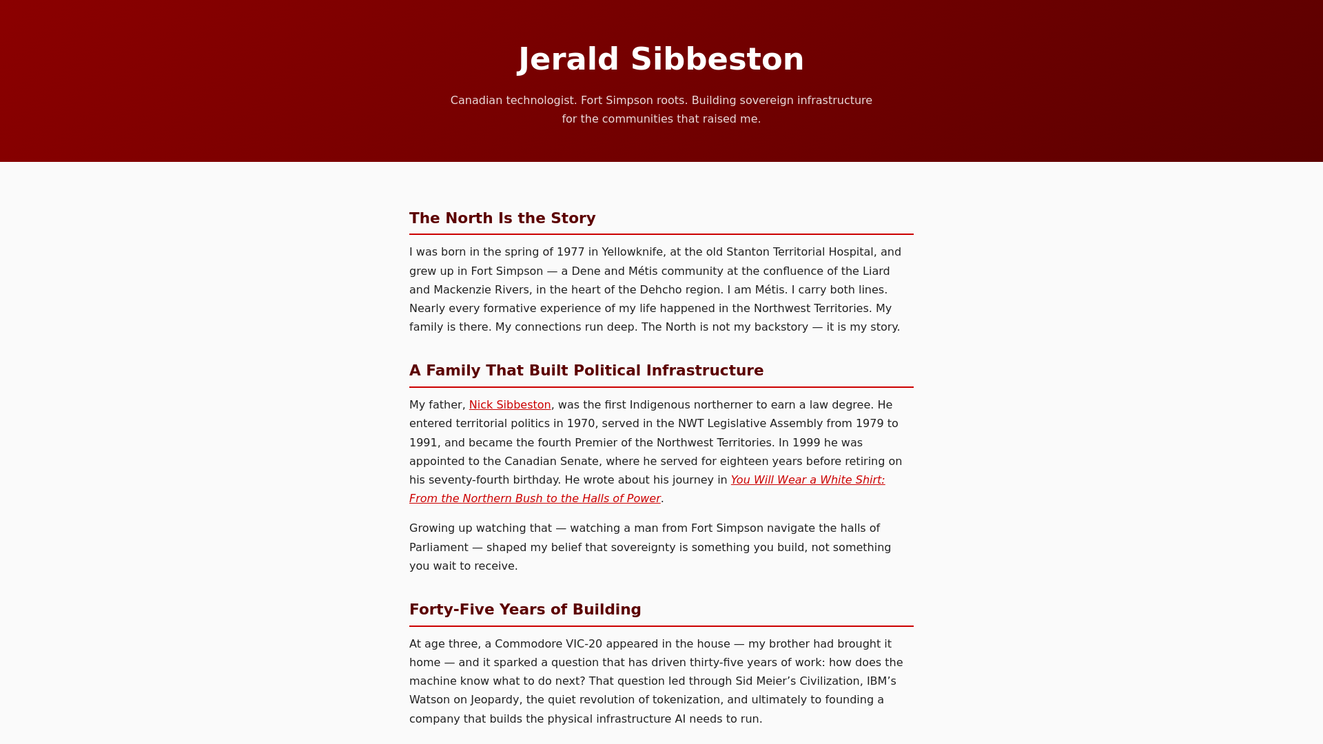 website screenshot of https://jeraldsibbeston.ca/