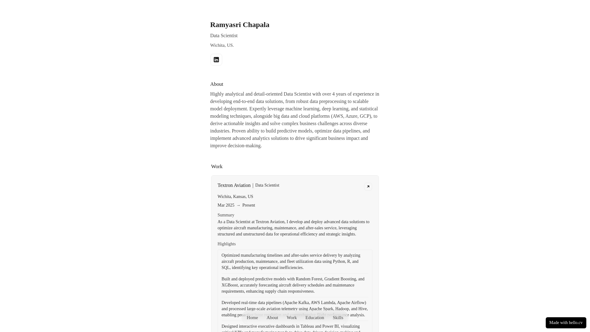 website screenshot of https://ramyasrichapala.cv/