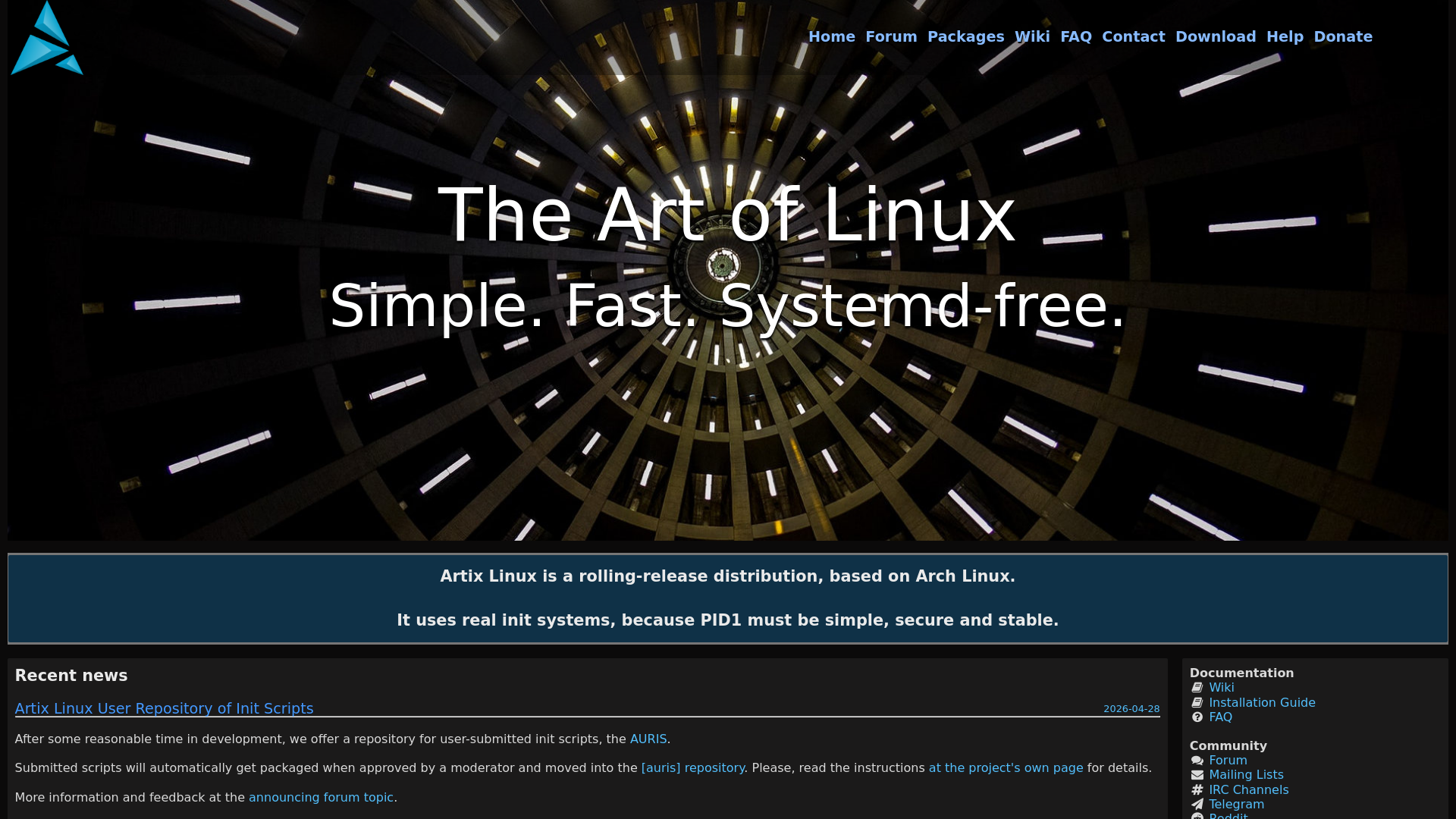 website screenshot of https://artixLinUx.org
