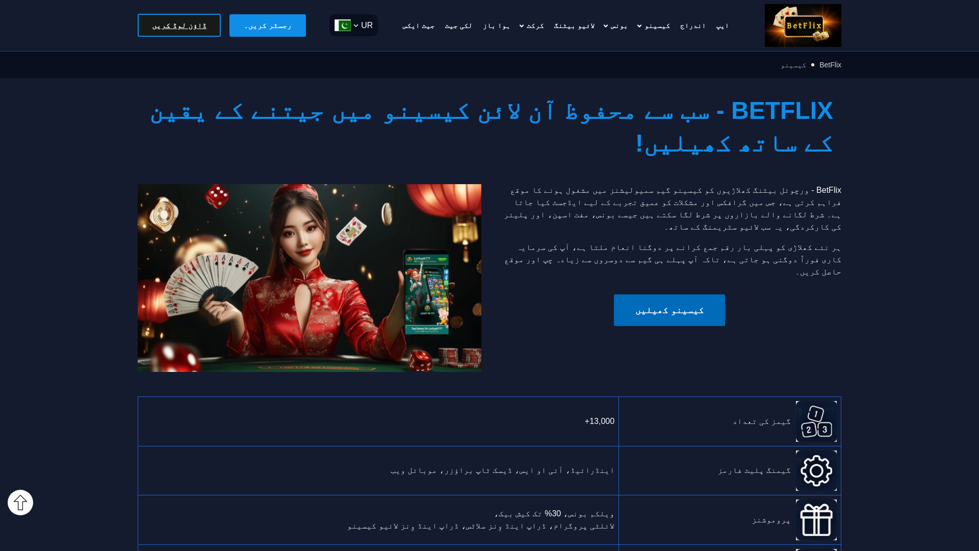 website screenshot of https://betflix77pk.com