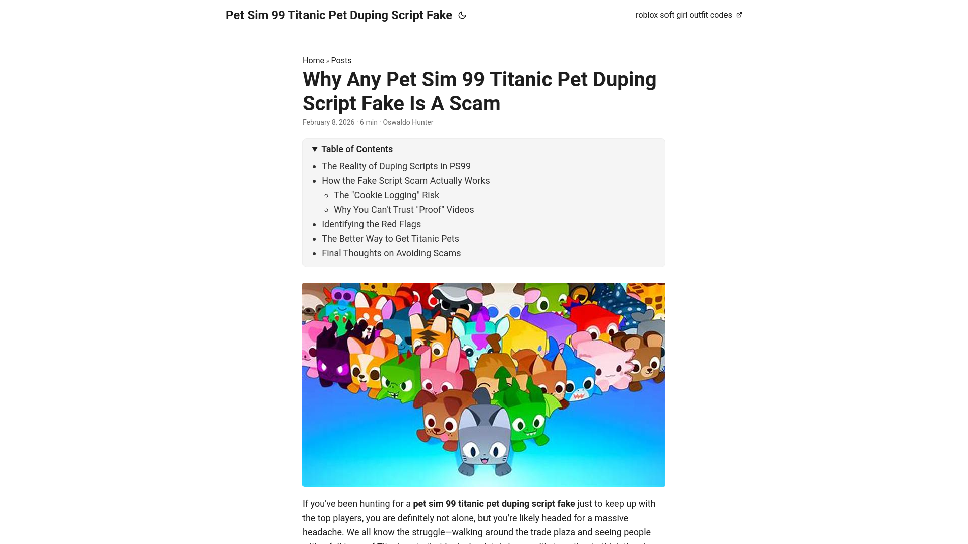 website screenshot of https://pet-sim-99-titanic-pet-duping-script-fake.pages.dev/