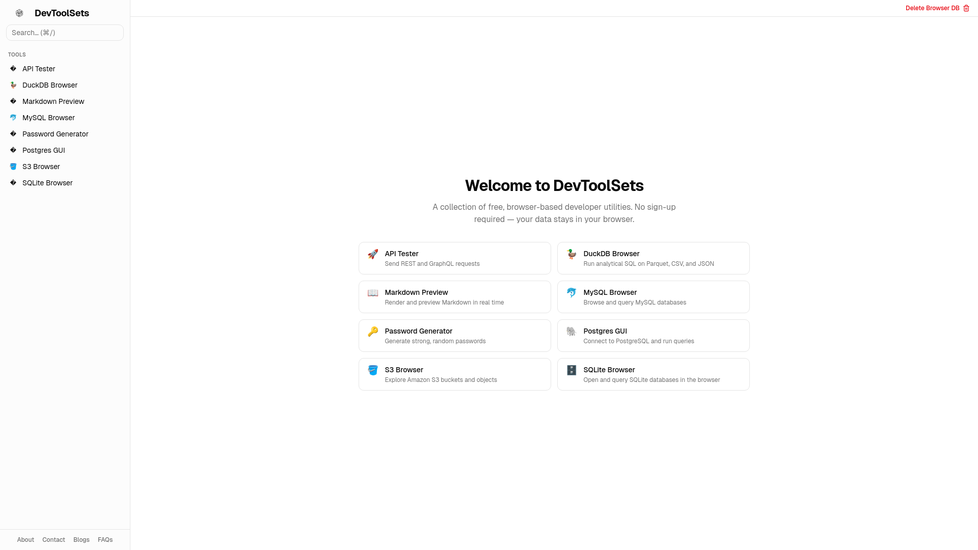website screenshot of https://devtoolsets.com/
