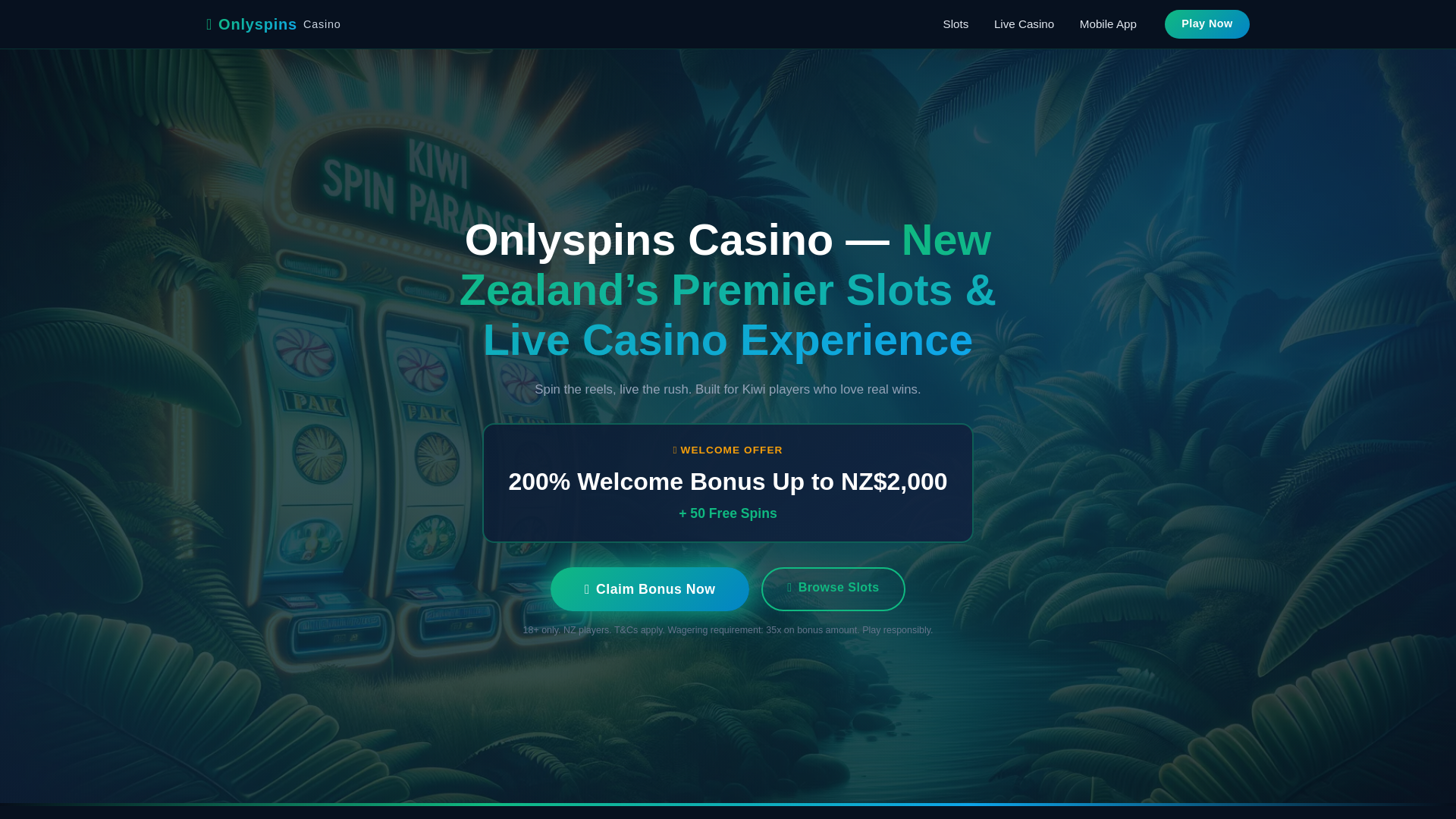 website screenshot of https://onlyspins.co.nz/