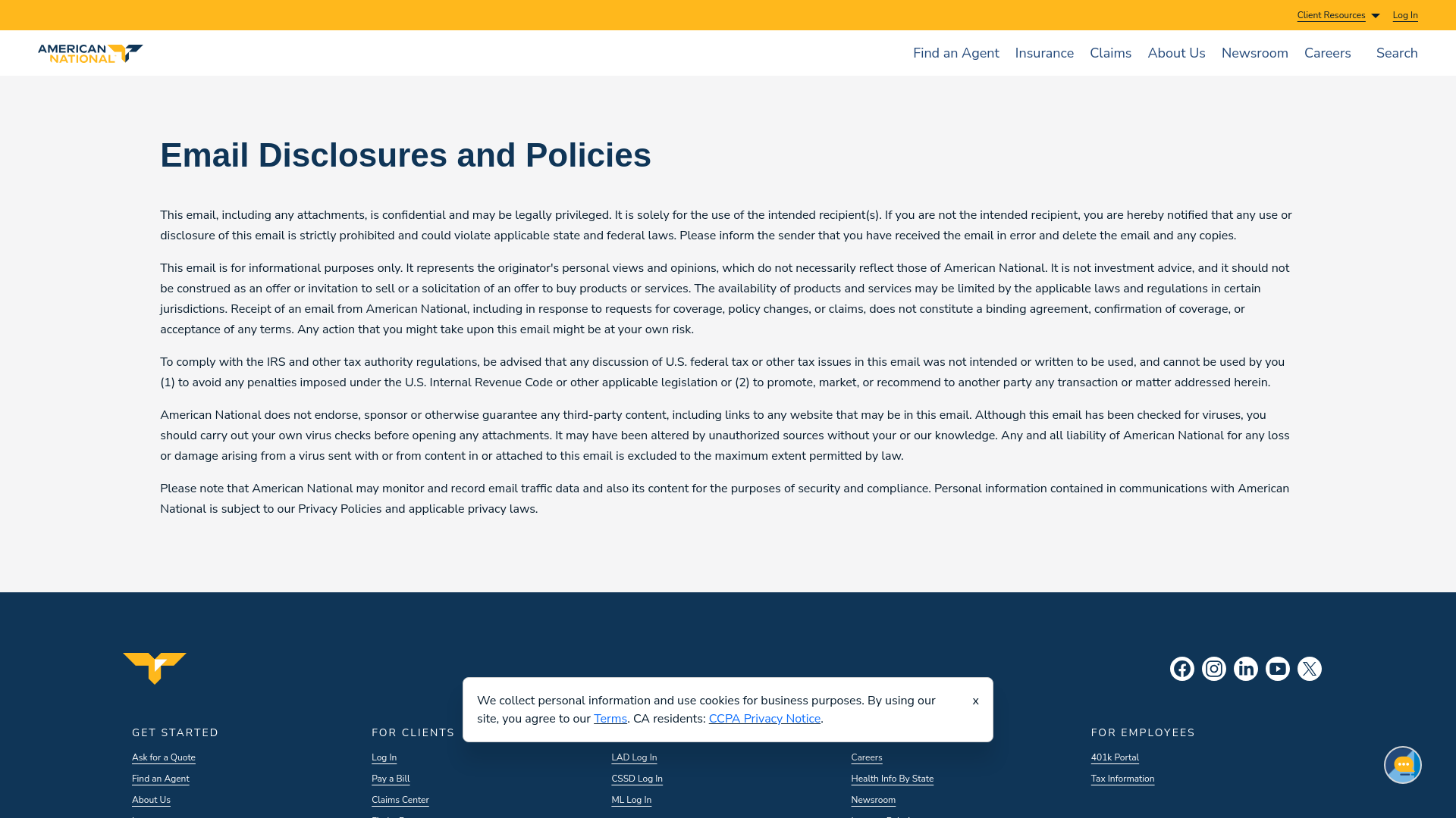 website screenshot of https://www.americannational.com/home/legal/email-disclosures-and-policies