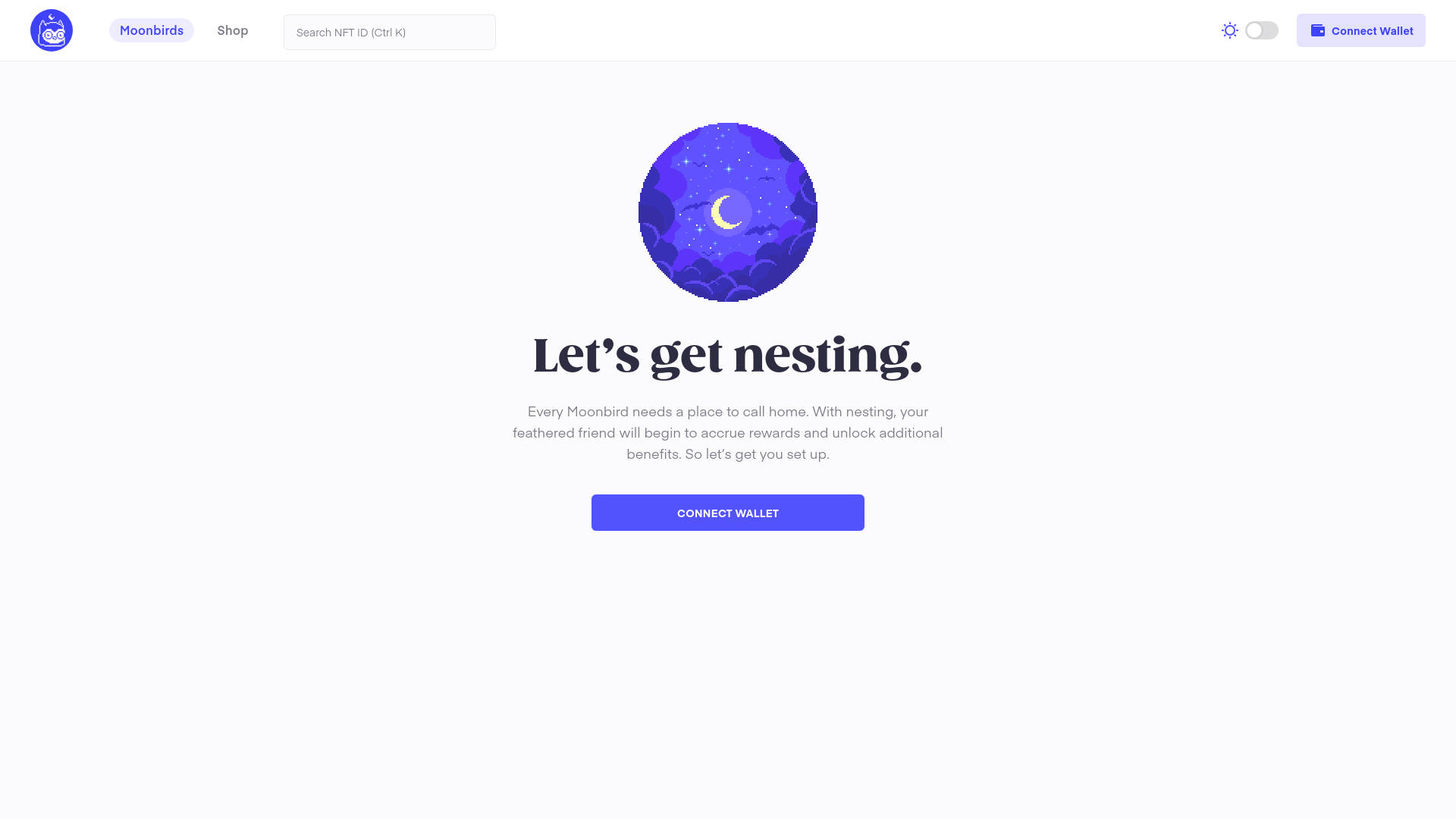website screenshot of https://nest.io-dev.moonbirds.xyz/