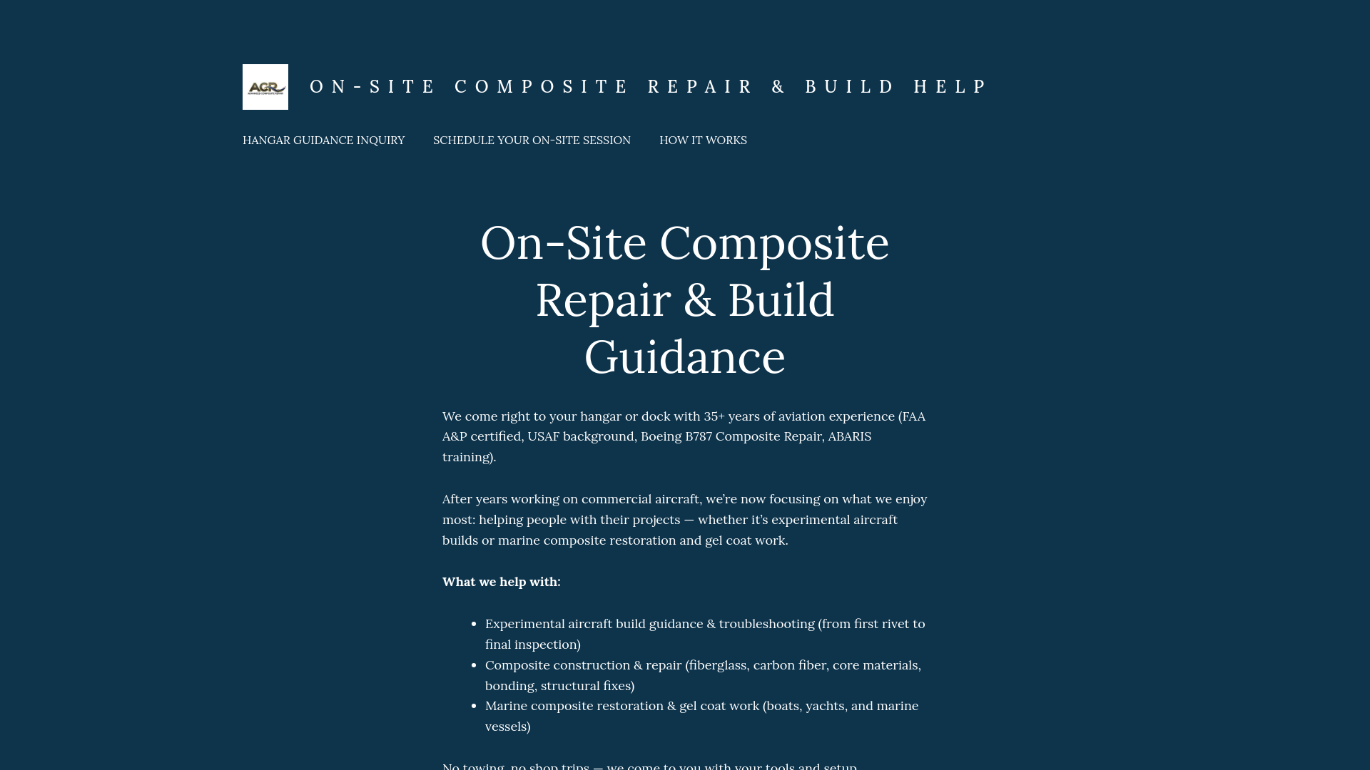 website screenshot of https://advancedcompositerepair.com