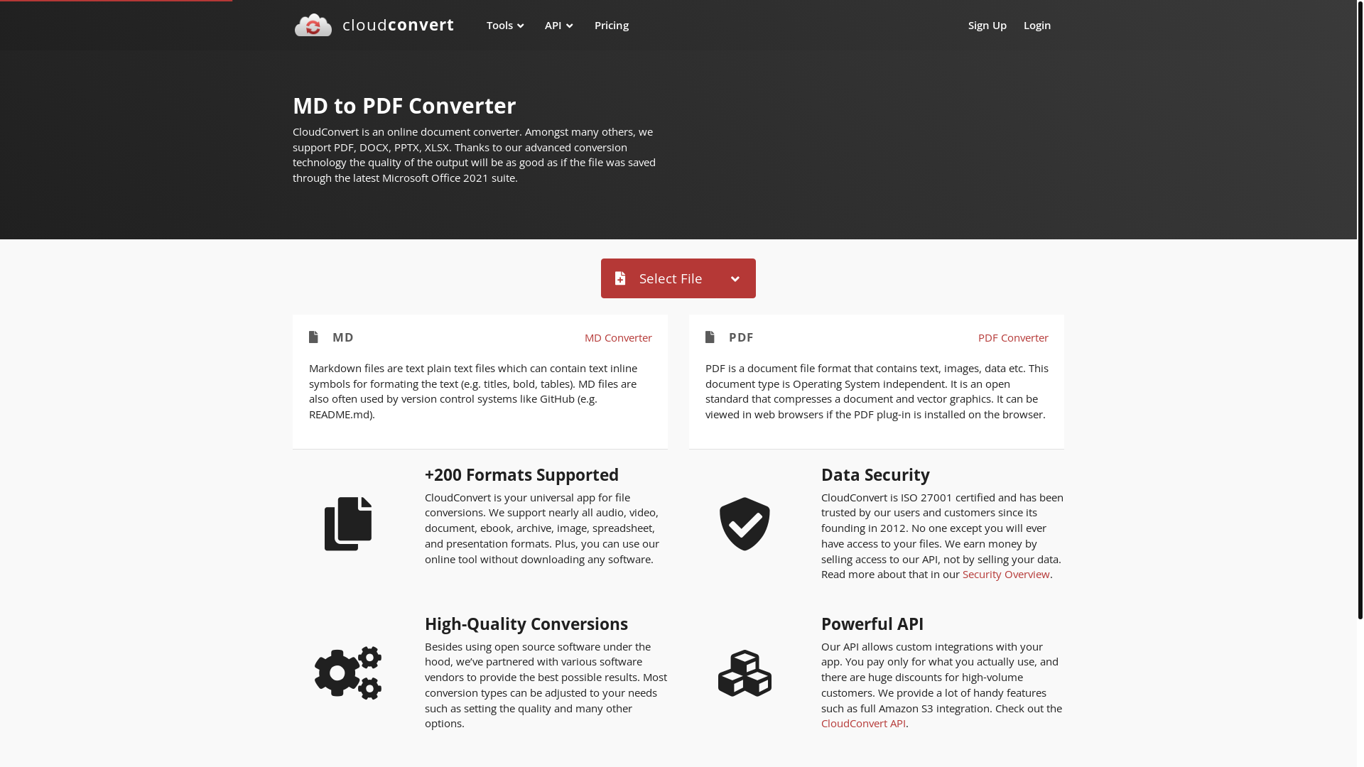 website screenshot of https://cloudconvert.com/md-to-pdf