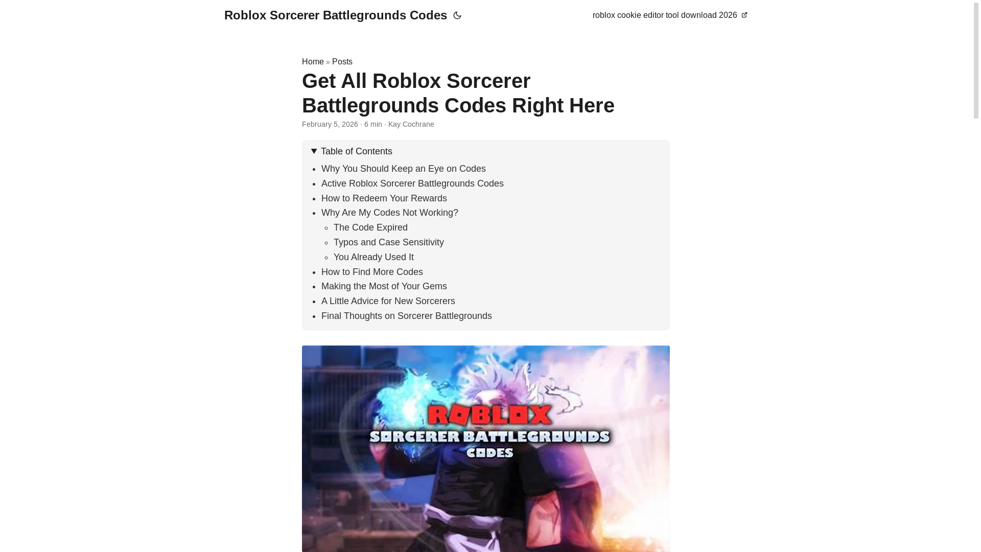 website screenshot of https://roblox-sorcerer-battlegrounds-codes.pages.dev/