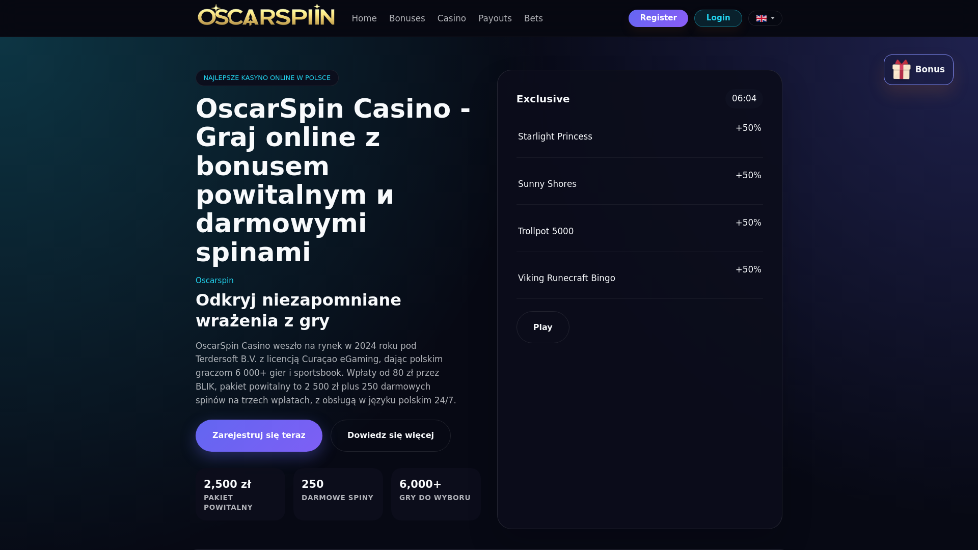 website screenshot of https://oscarspincasino.pro/
