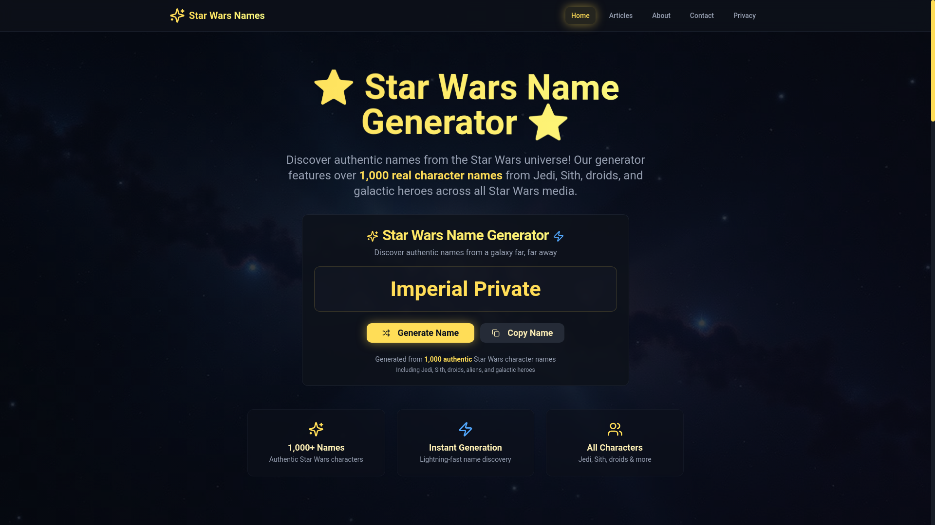 website screenshot of https://starwarsnamegenerator.pages.dev/