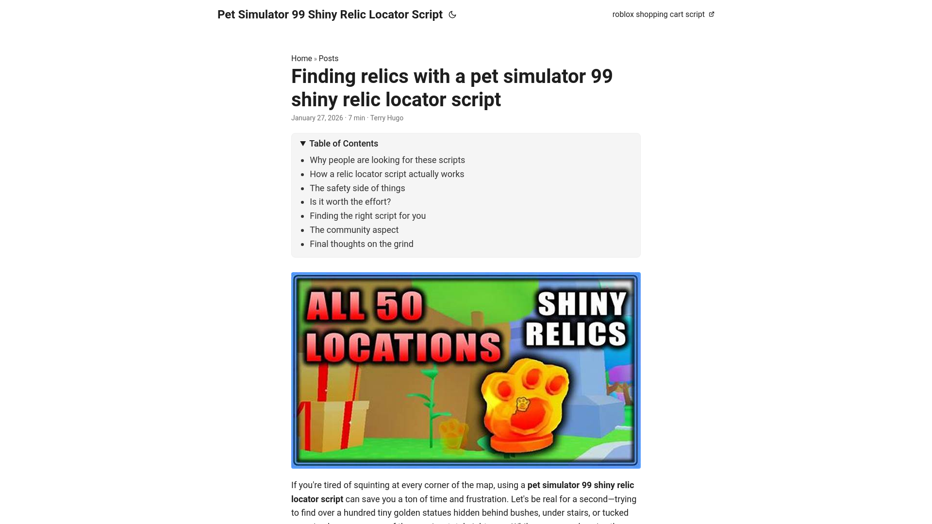 website screenshot of https://pet-simulator-99-shiny-relic-locator-script.pages.dev/