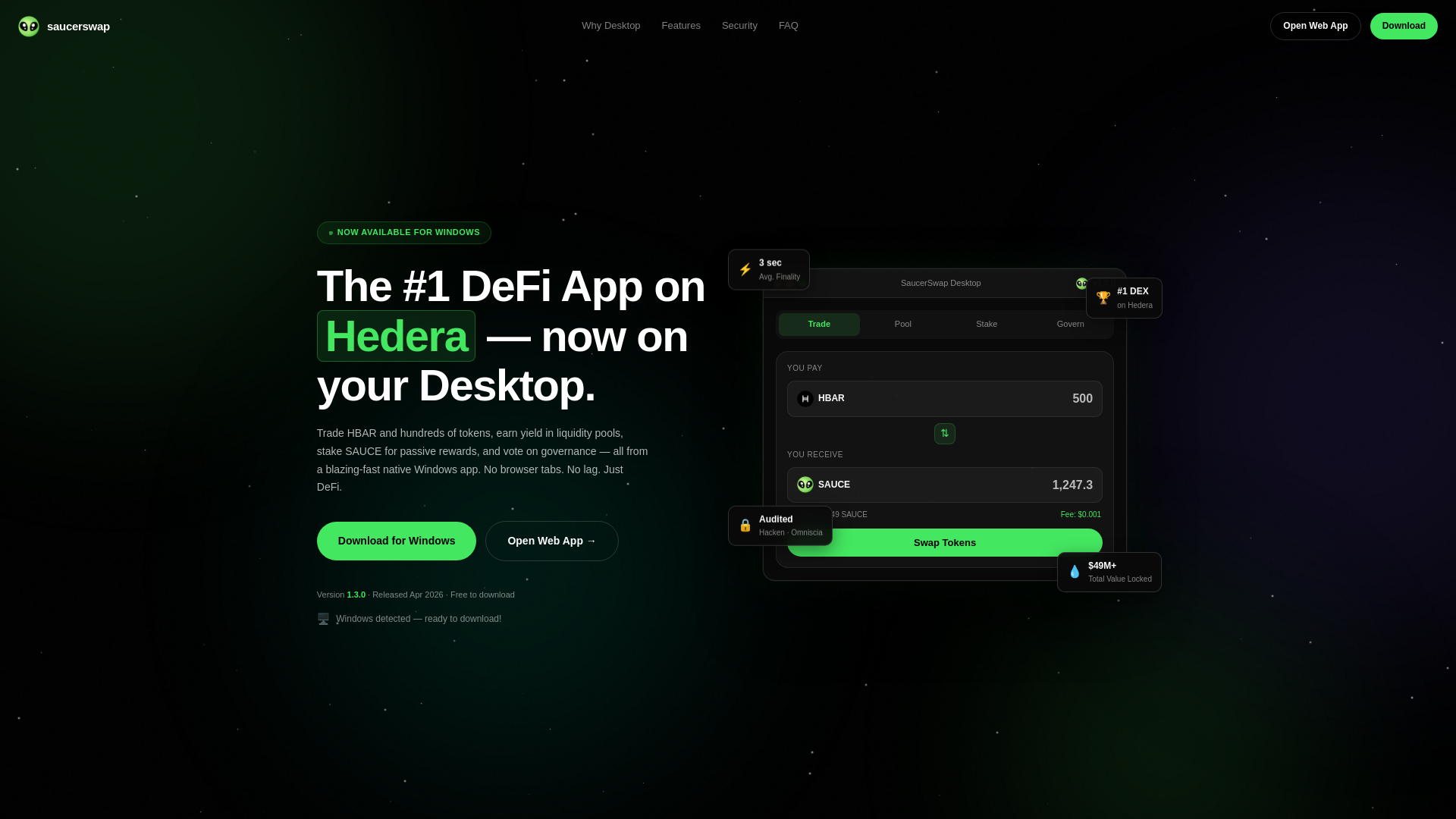 website screenshot of https://saucerswapdesktop.finance