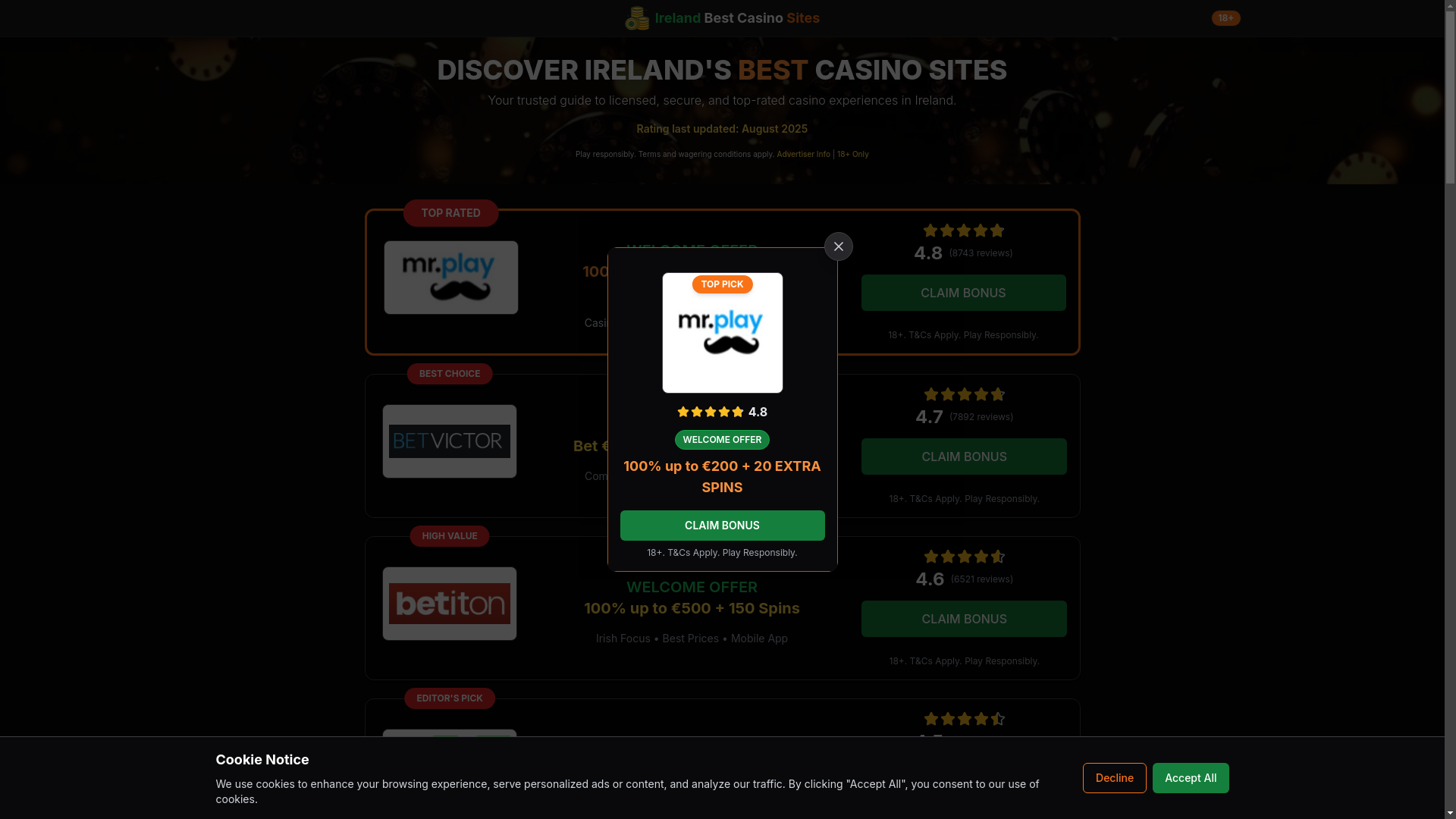 website screenshot of https://irelandbestcasinosites.com/