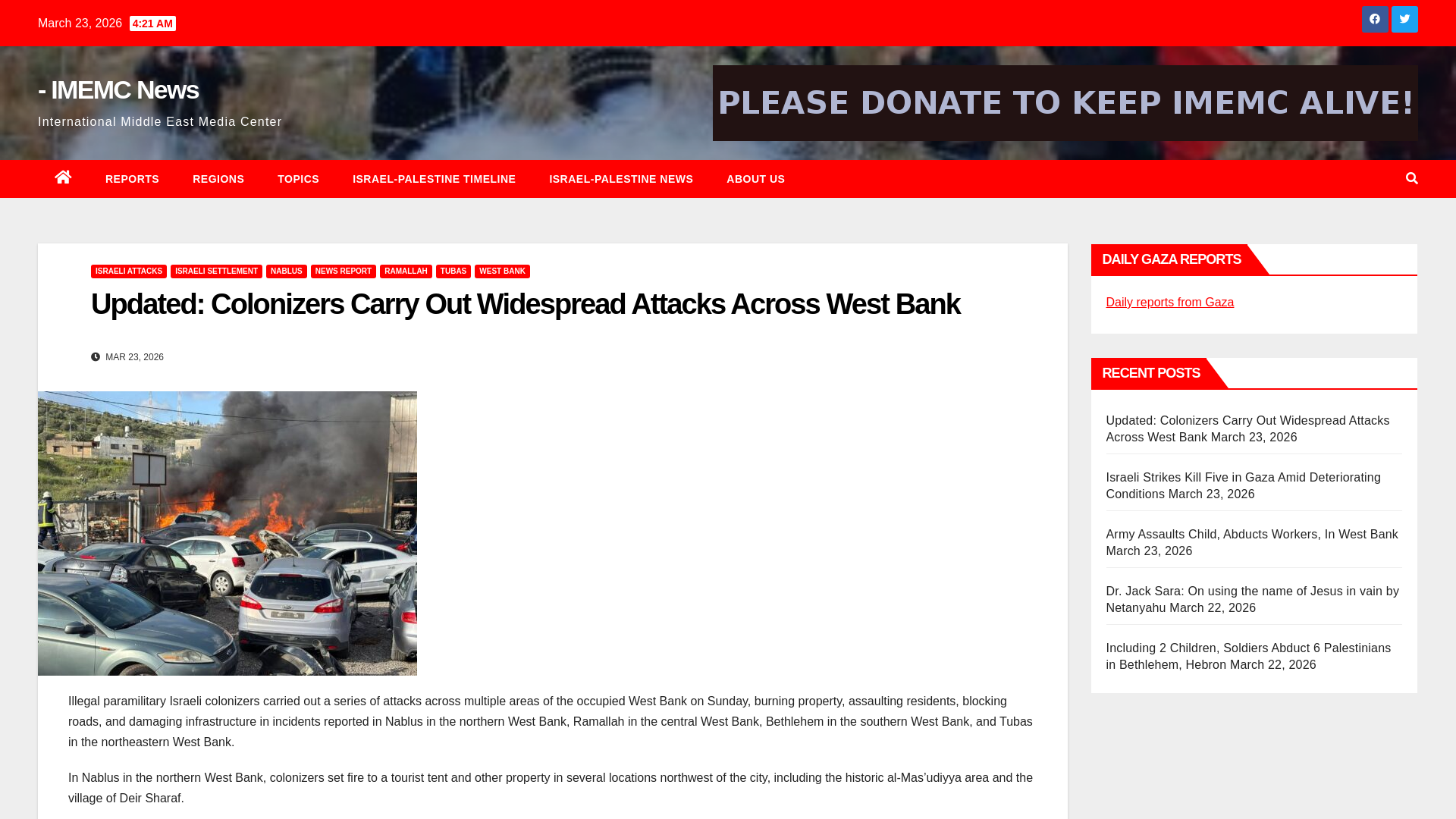 website screenshot of https://imemc.org/article/israeli-colonizers-carry-out-widespread-attacks-across-west-bank/