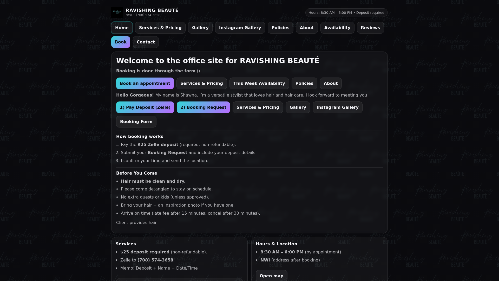 website screenshot of https://ravishingbeaute.salon