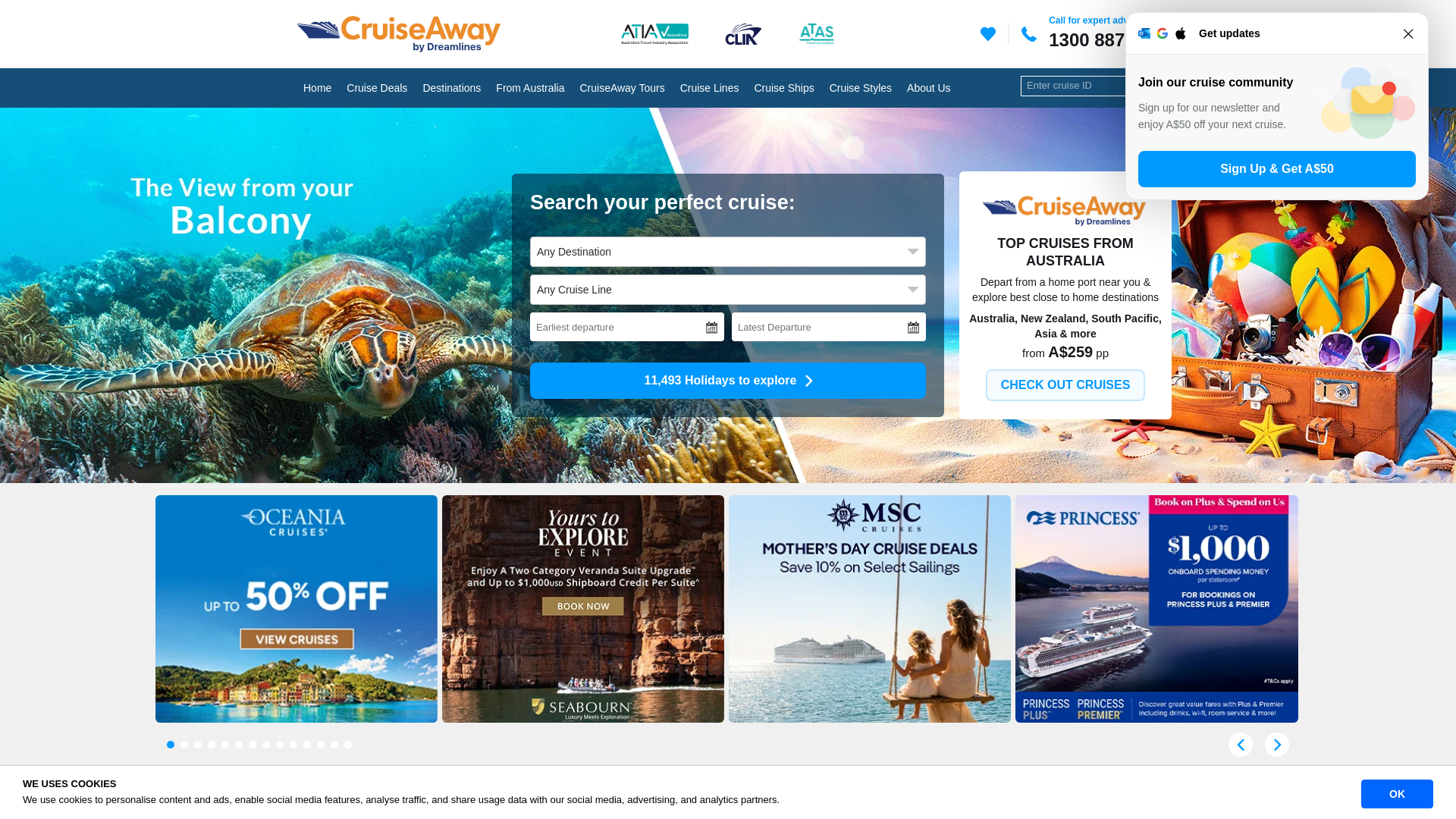 website screenshot of https://www.cruiseaway.com.au