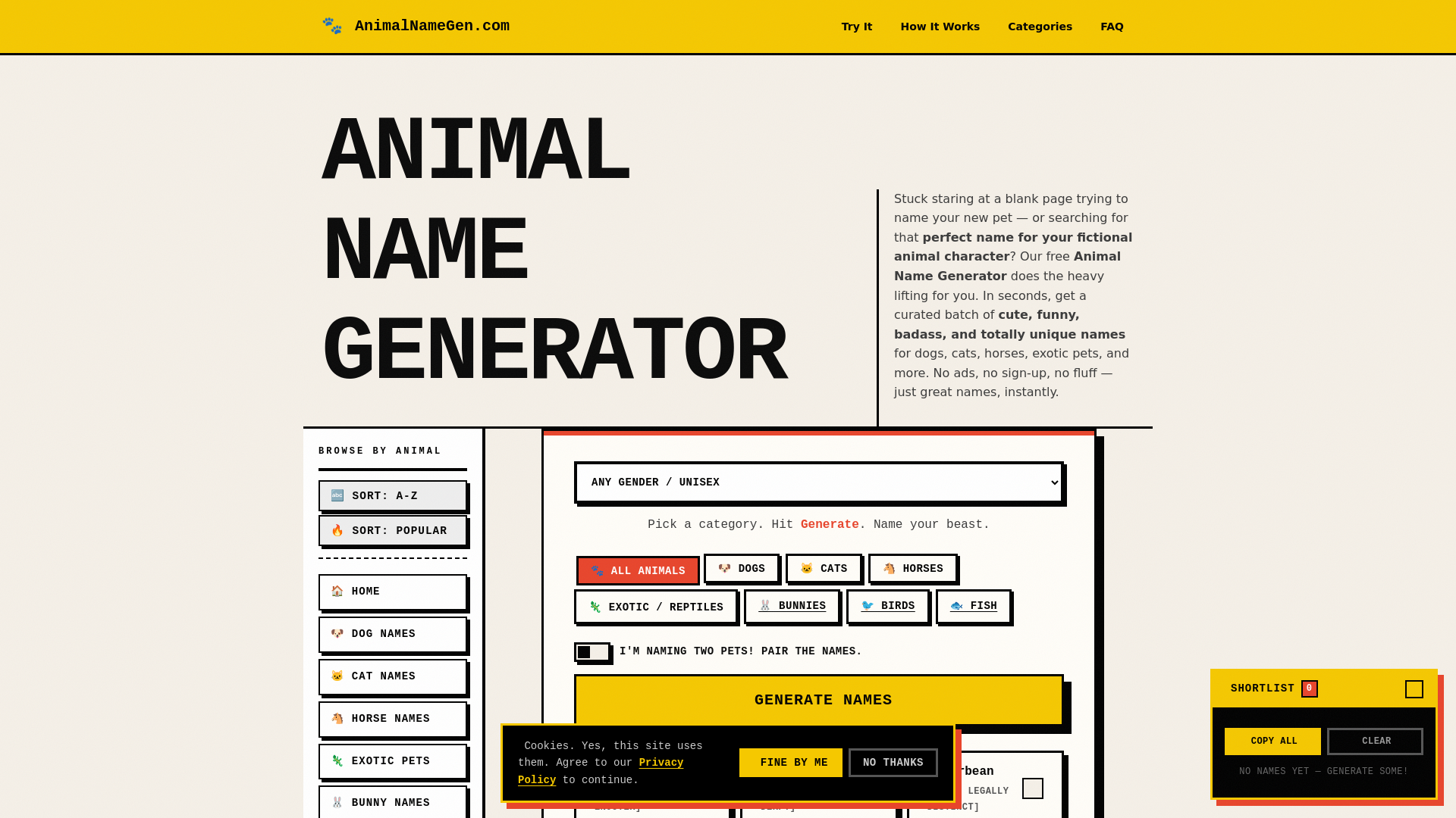 website screenshot of https://animalnamegen.com/