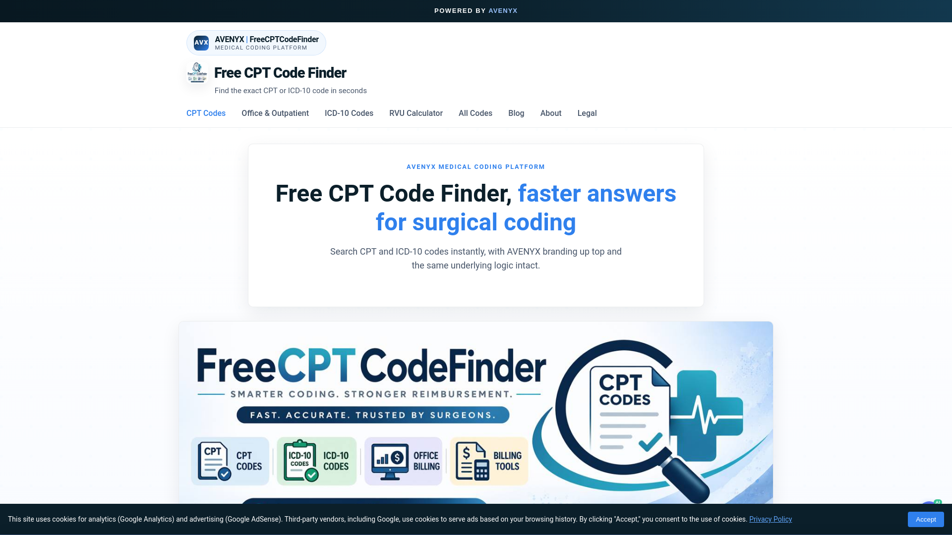 website screenshot of https://freecptcodefinder.com/