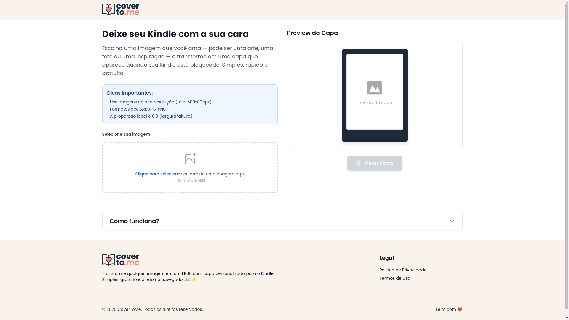 website screenshot of https://coverto.me/