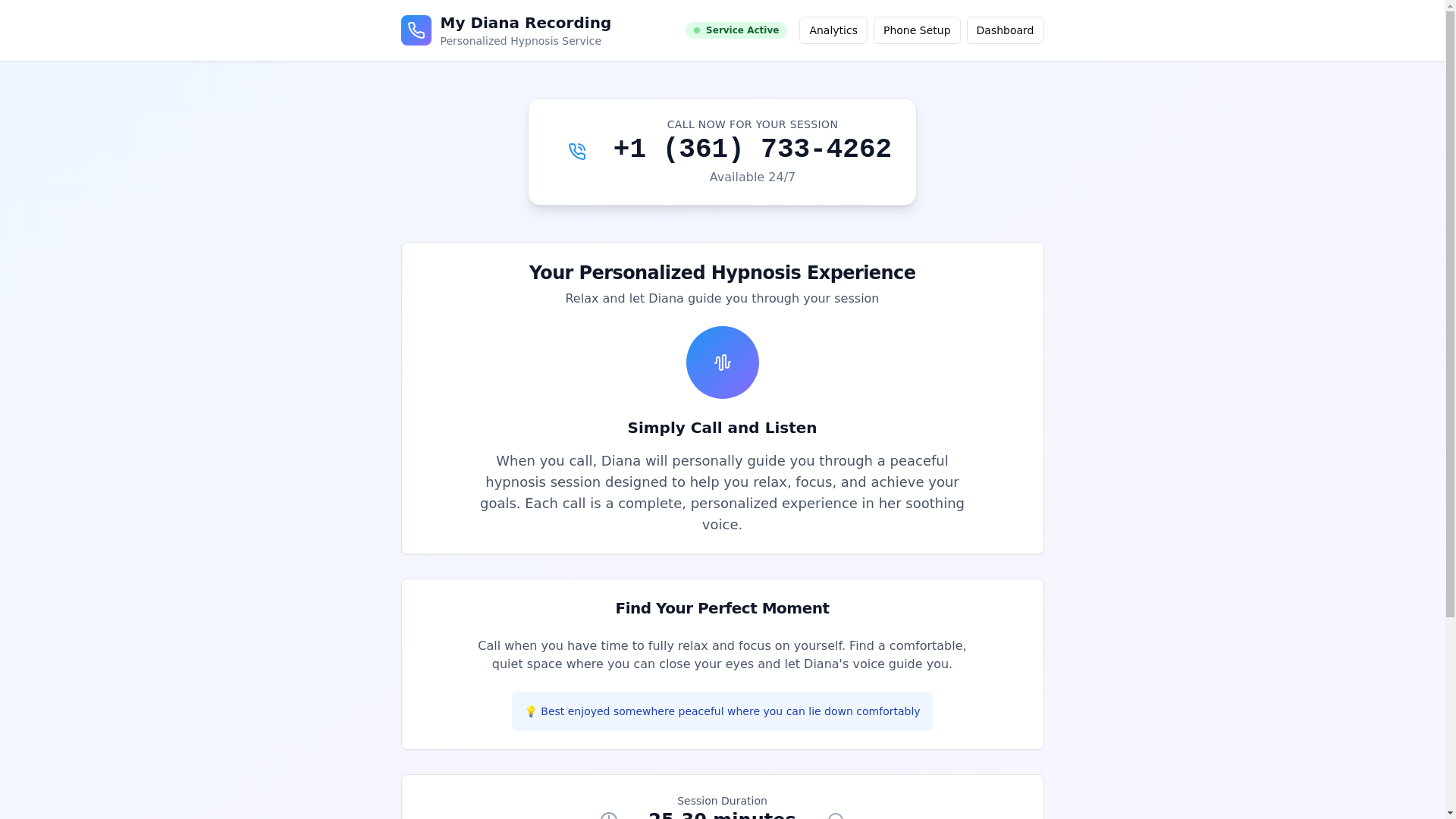 website screenshot of https://mydianarecording.com/