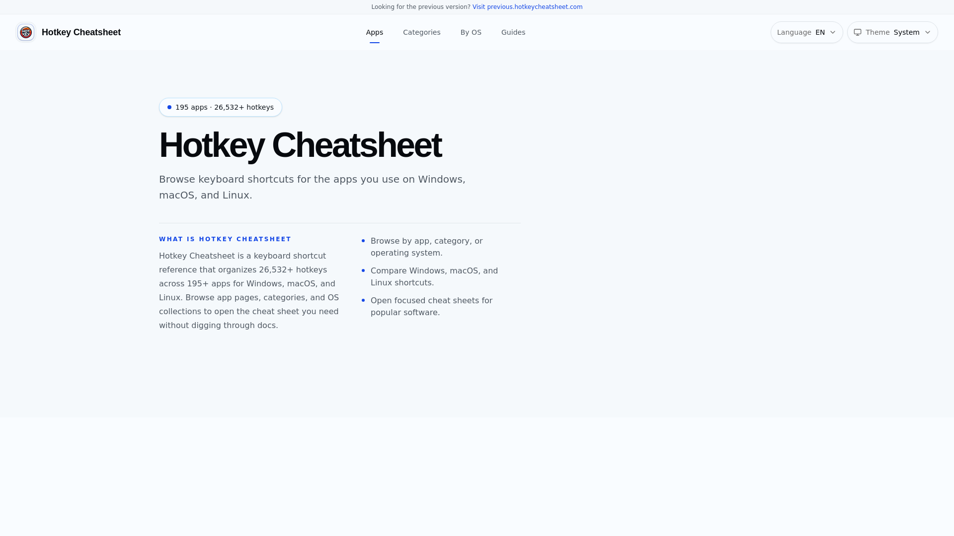 website screenshot of https://hotkey-cheatsheet-new.pages.dev/