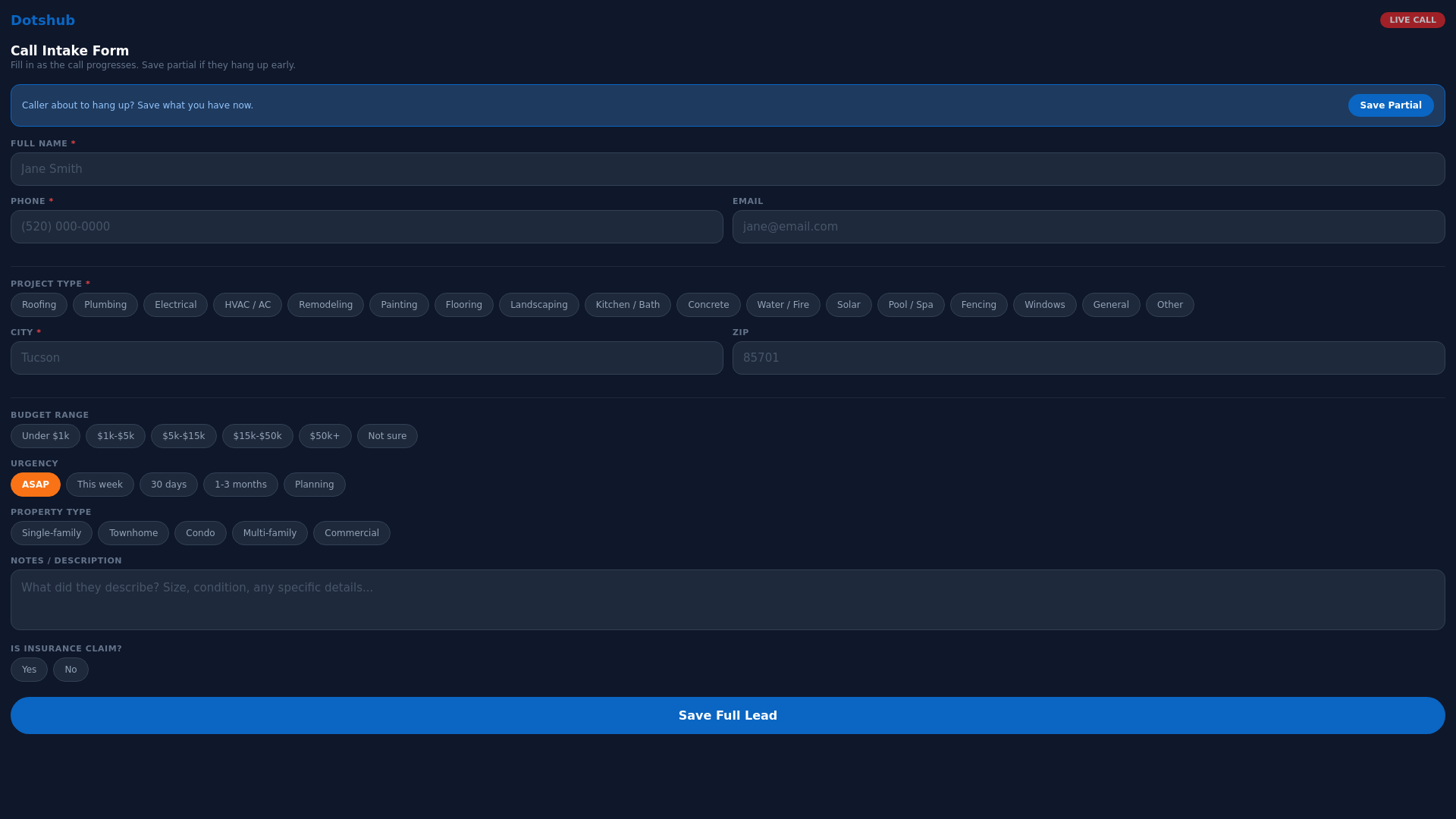 website screenshot of https://dotshub-call-intake.pages.dev/