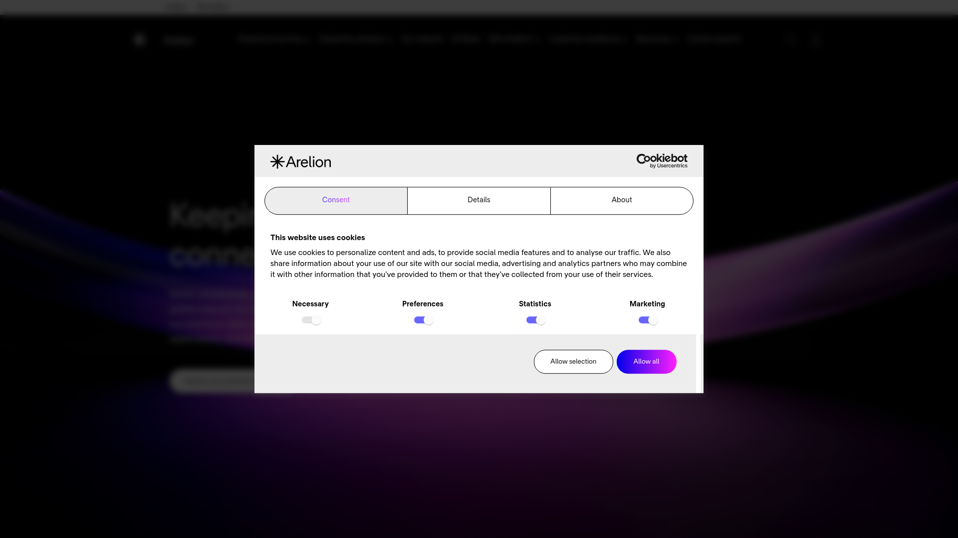 website screenshot of https://www.arelion.com/