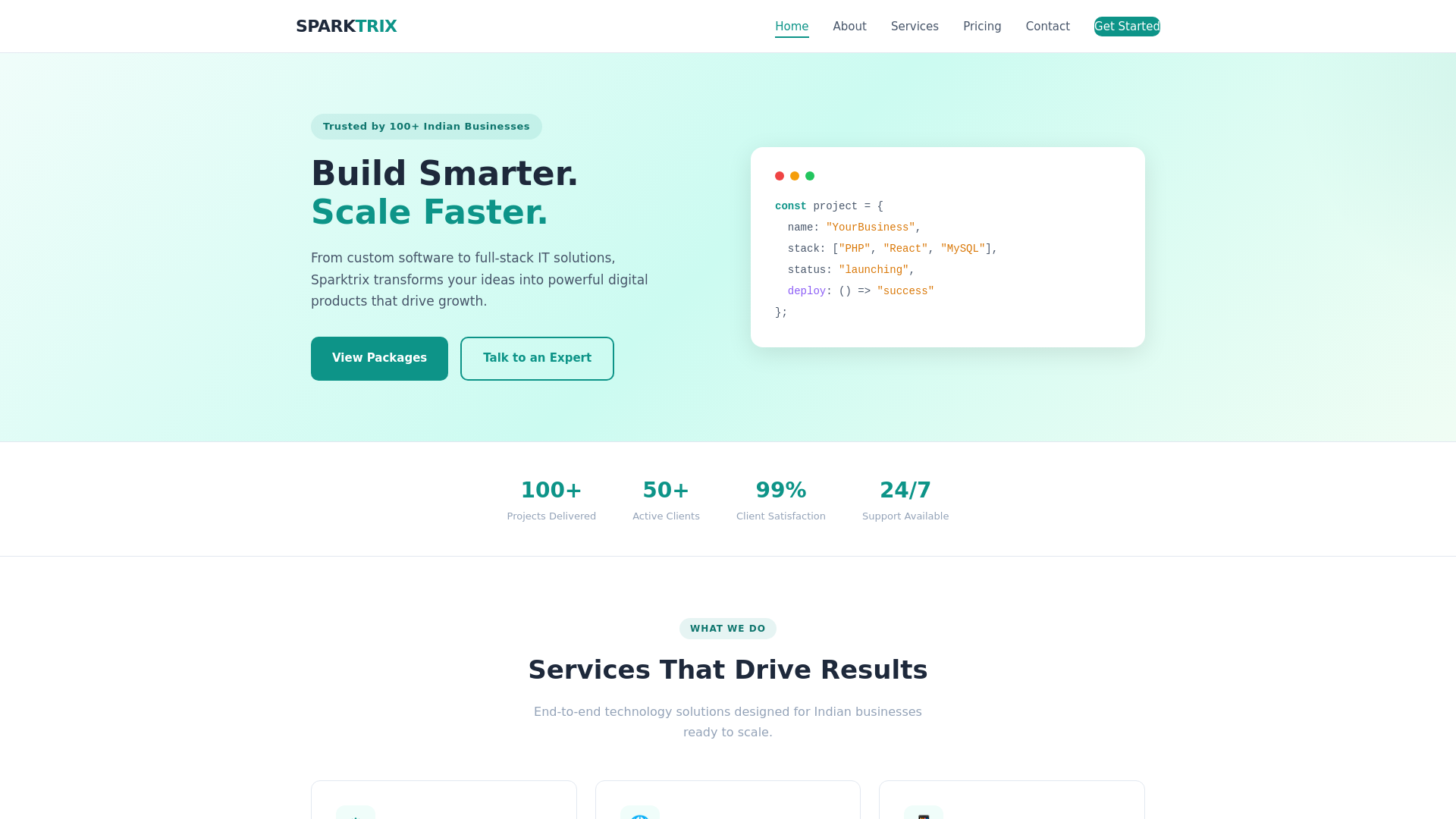 website screenshot of https://sparktrixsolutions.com/
