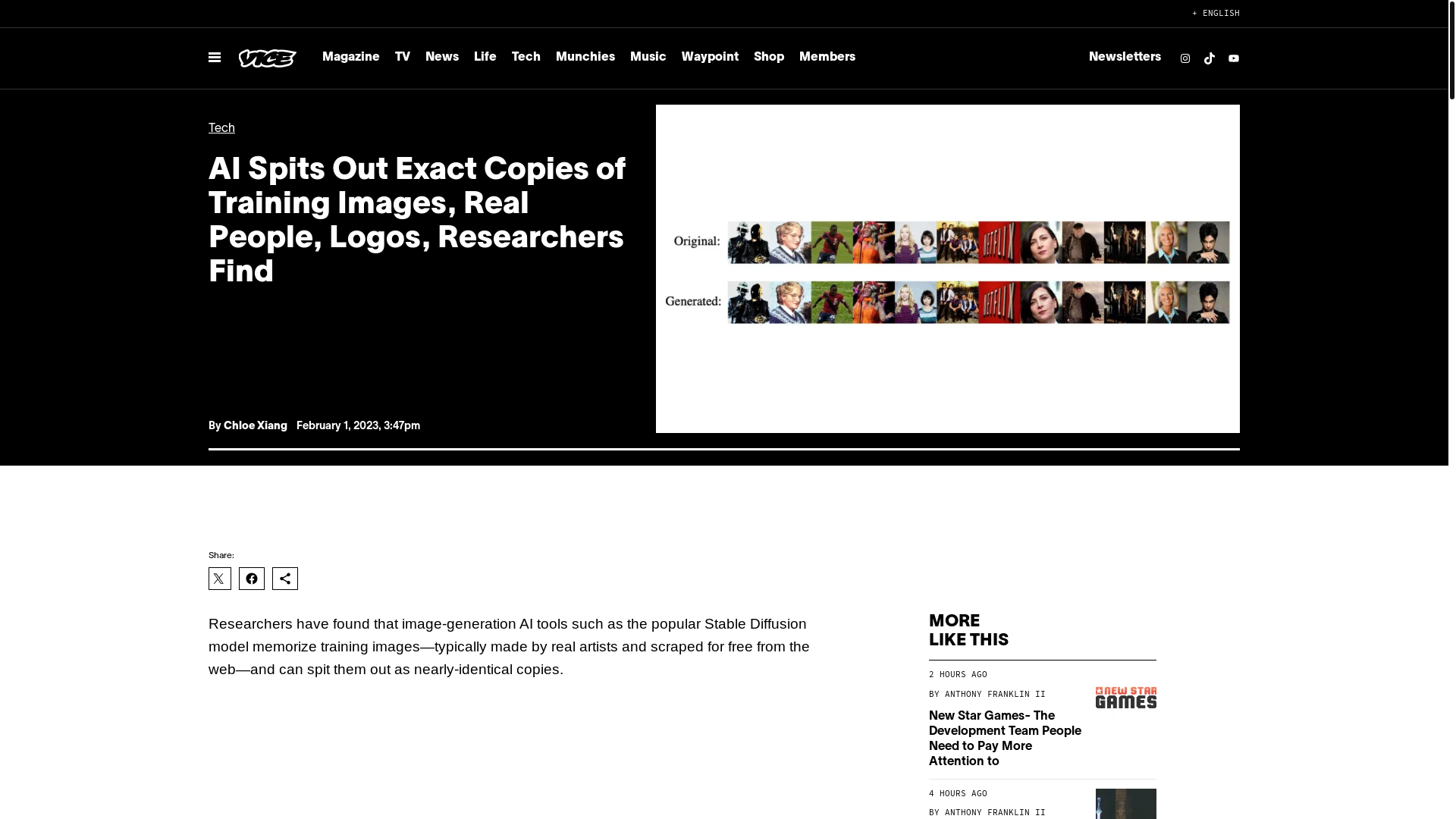 website screenshot of https://www.vice.com/en/article/ai-spits-out-exact-copies-of-training-images-real-people-logos-researchers-find