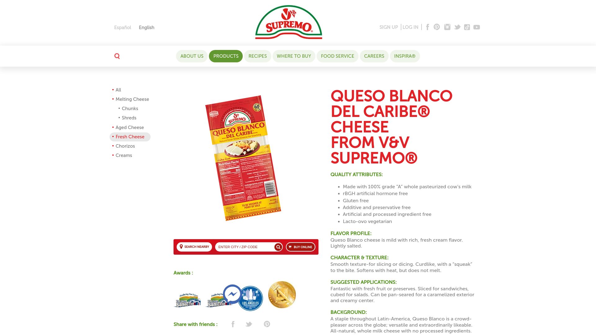 website screenshot of https://quesoblancodelcaribe.com