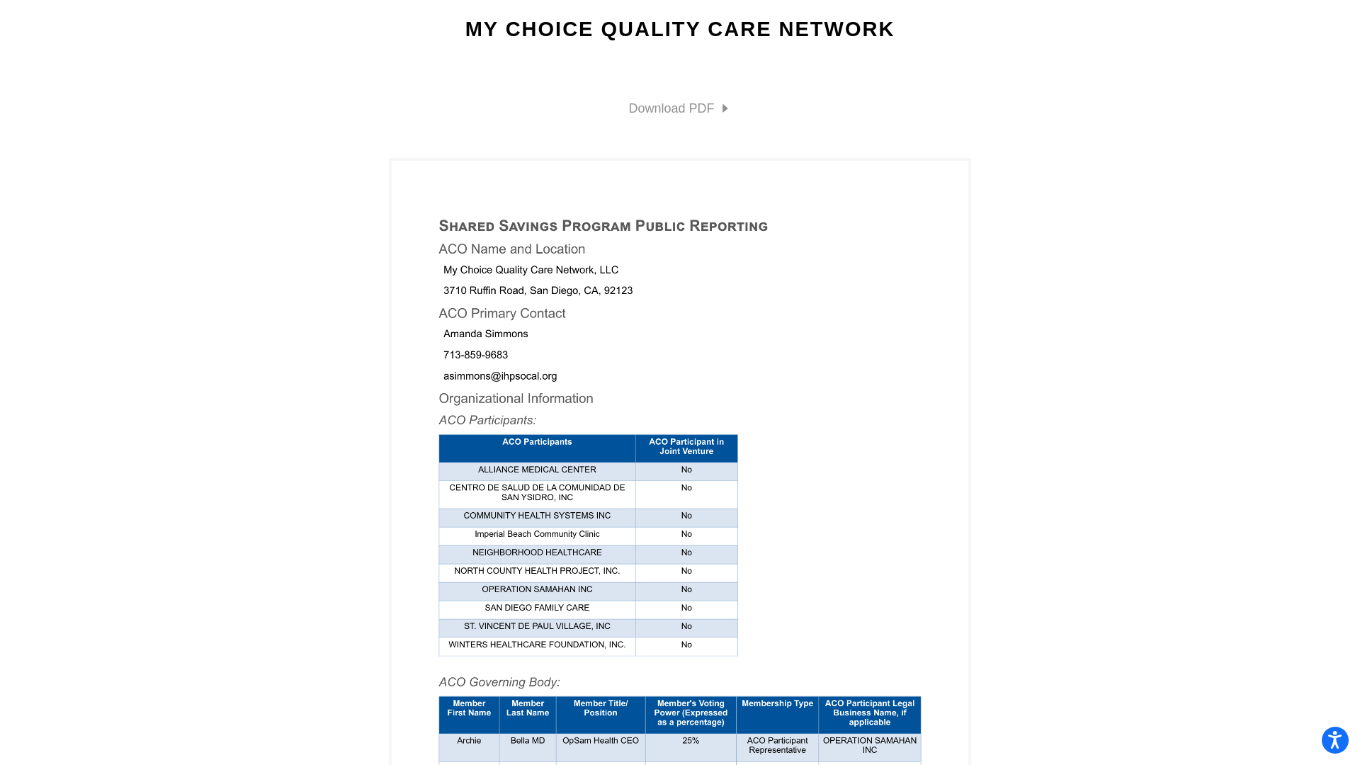 website screenshot of https://mychoicequalitycarenetworkaco.org/