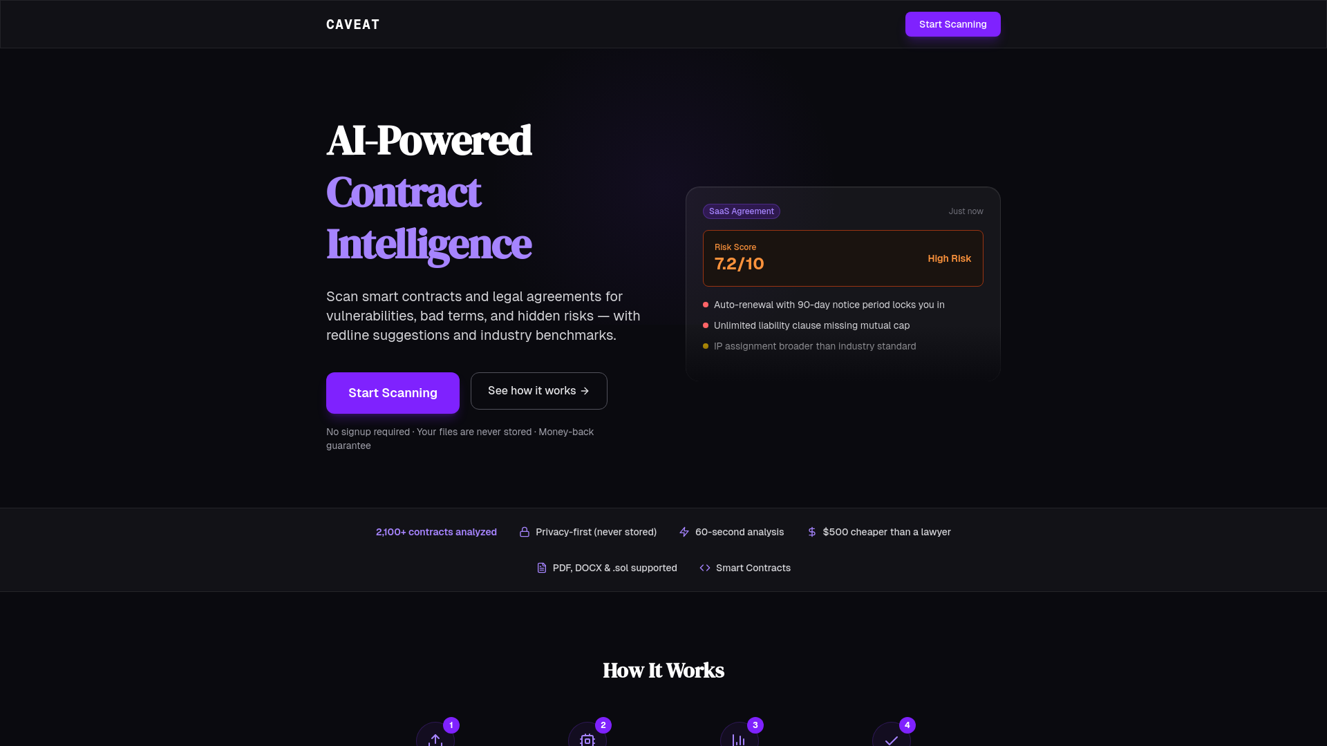 website screenshot of https://trycaveat.com/