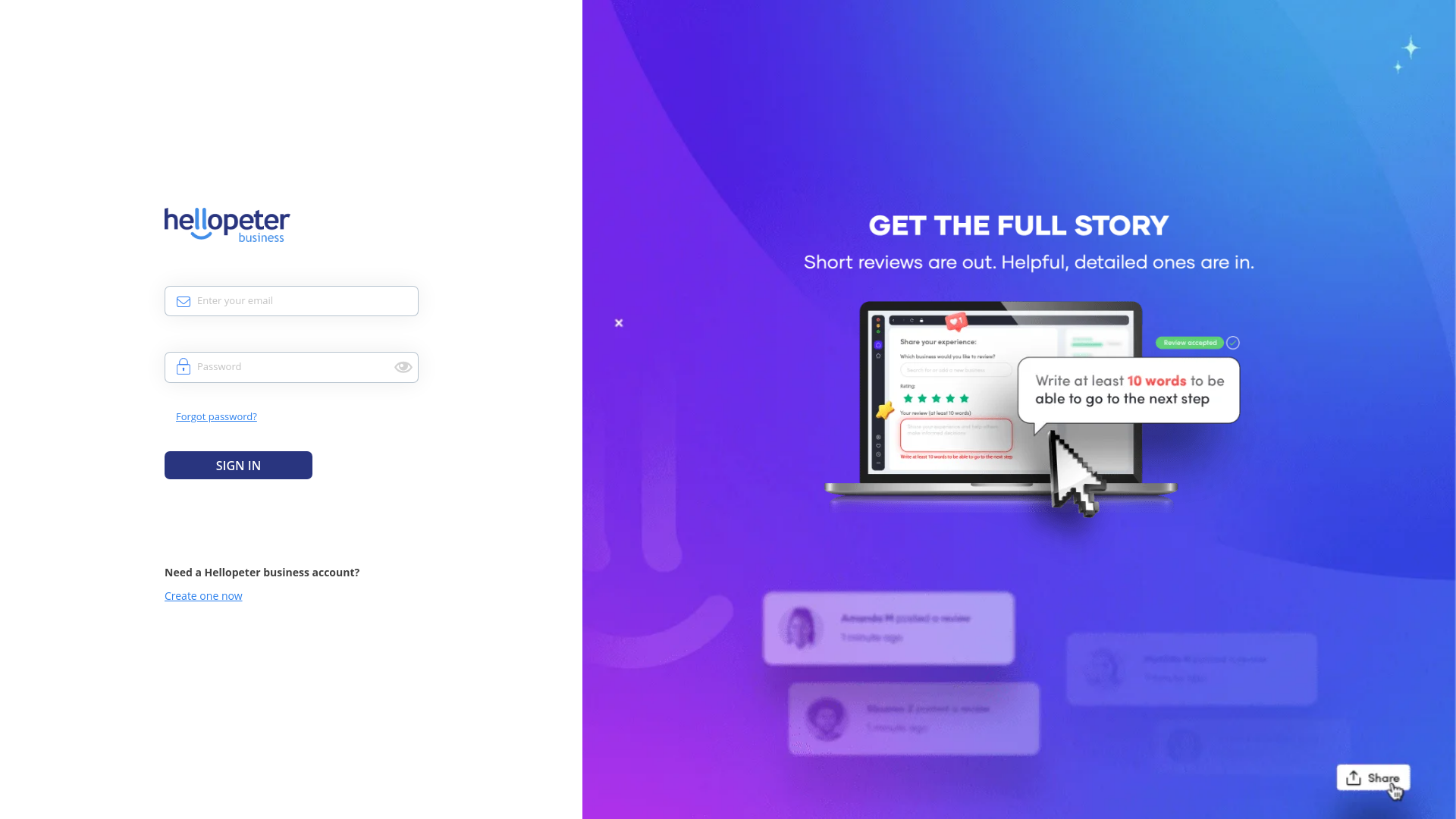 website screenshot of https://business.hellopeter.com/login