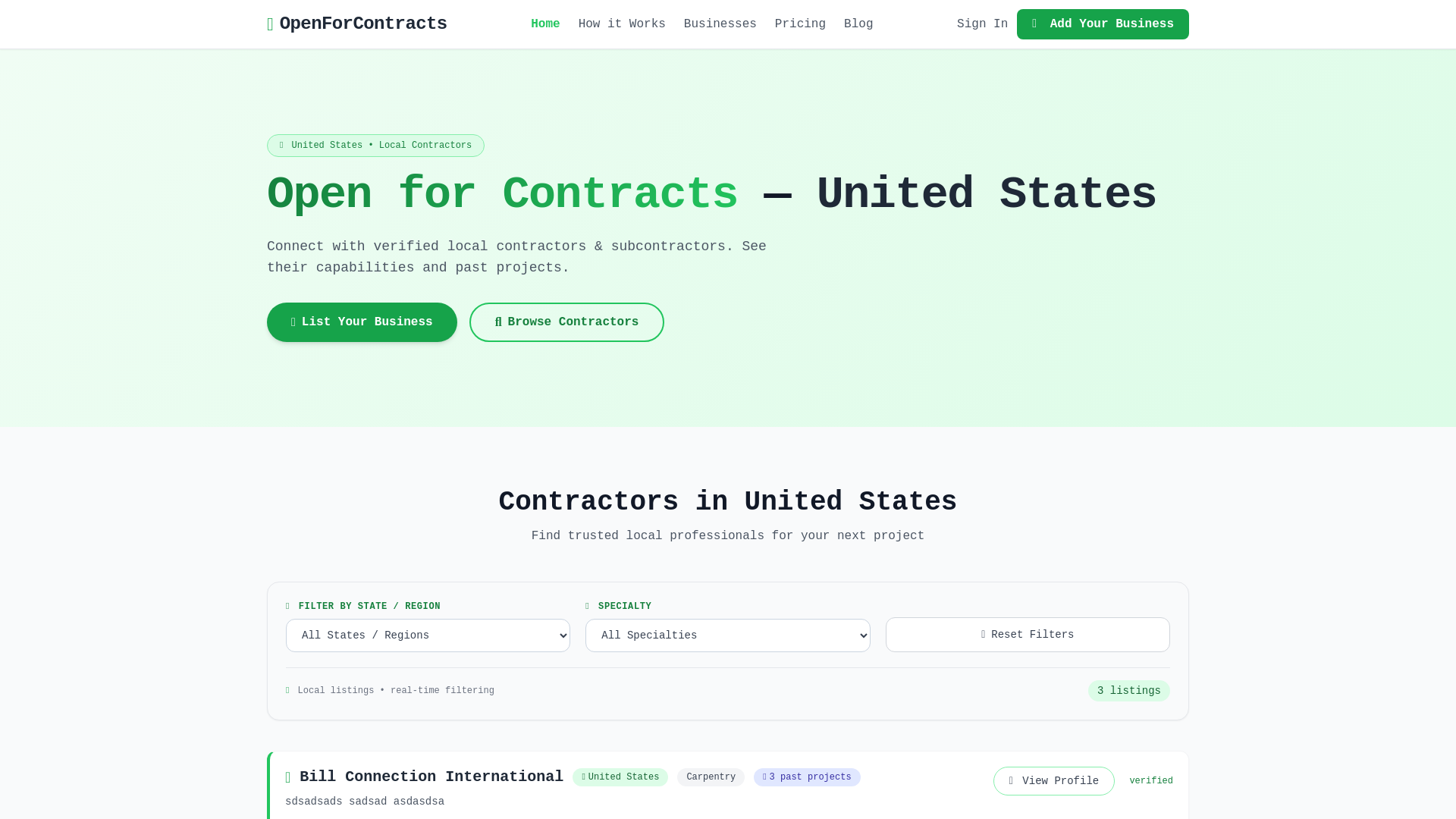website screenshot of https://openforcontracts.com