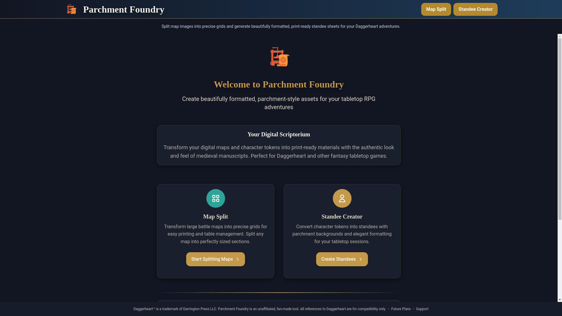 website screenshot of https://parchmentfoundry.com/